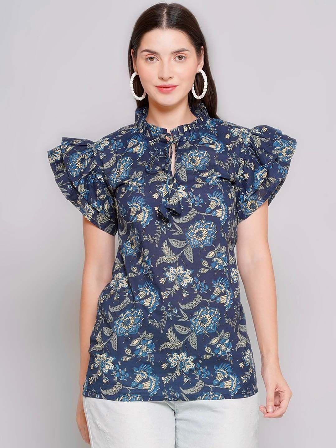 nishabd floral printed tie-up neck flutter sleeves cotton top