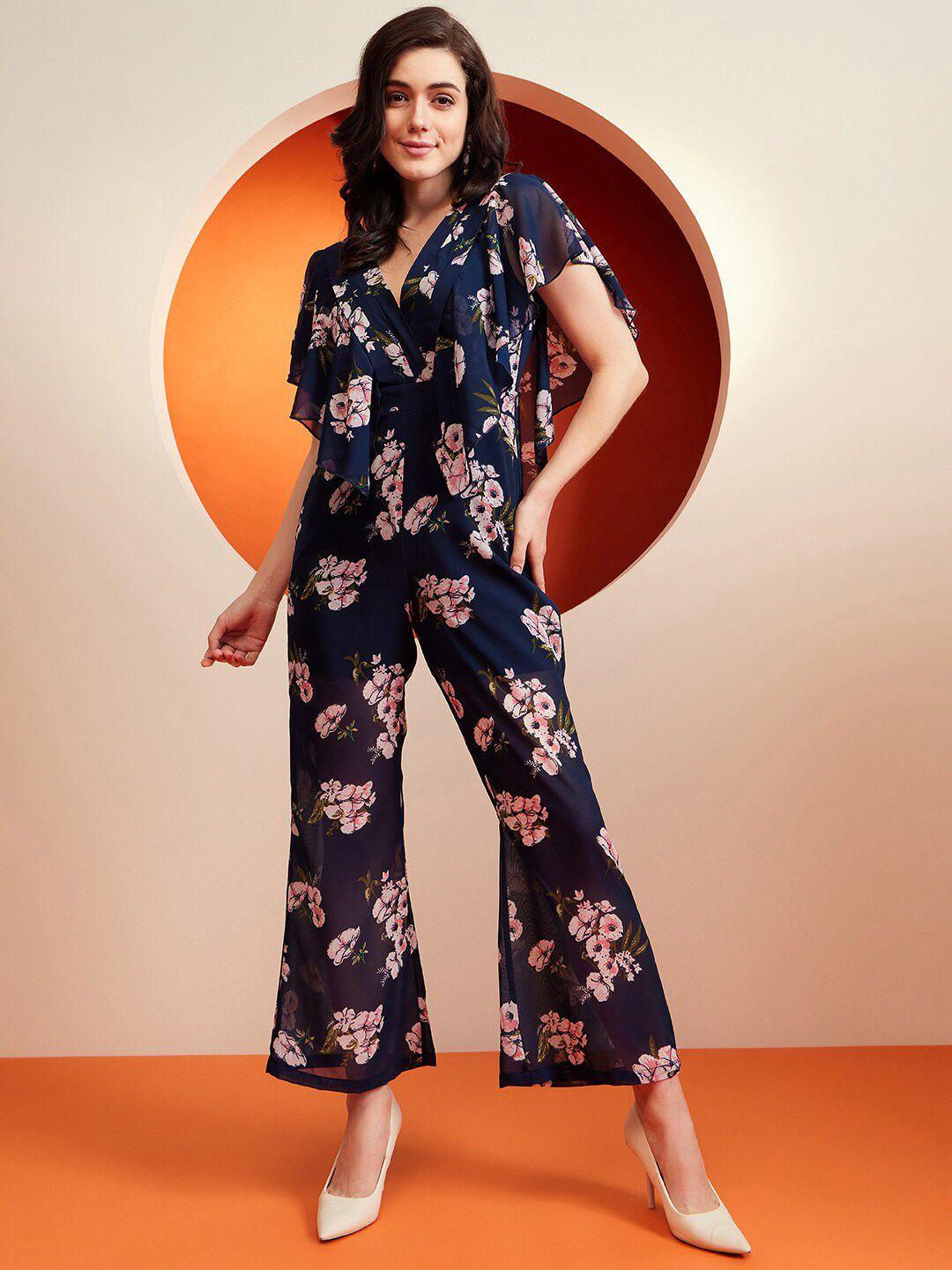 kassually navy blue & pink floral printed ruffles basic jumpsuit