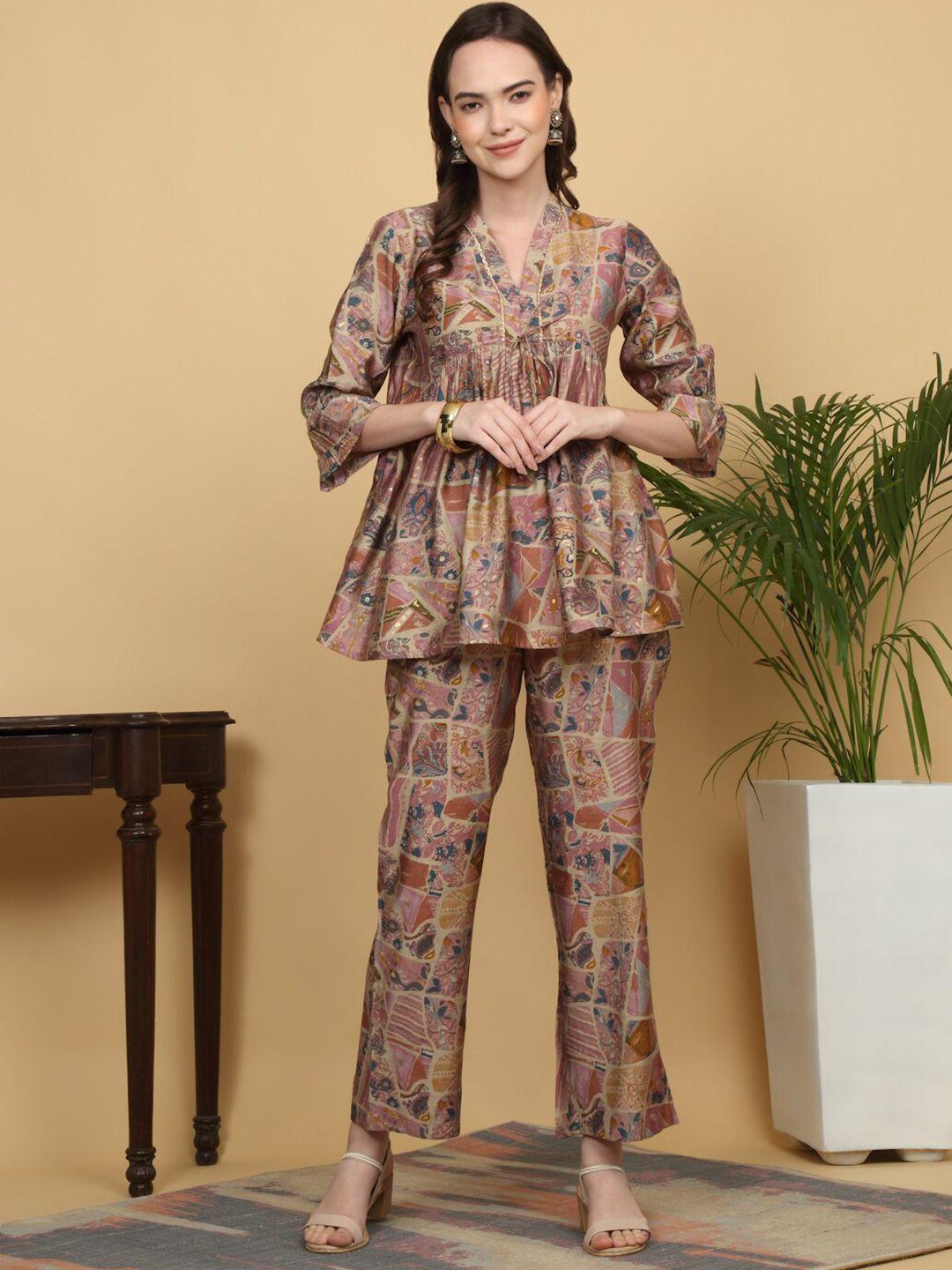 kalini ethnic motifs printed v-neck gathered tunic top with flared trousers co-ords