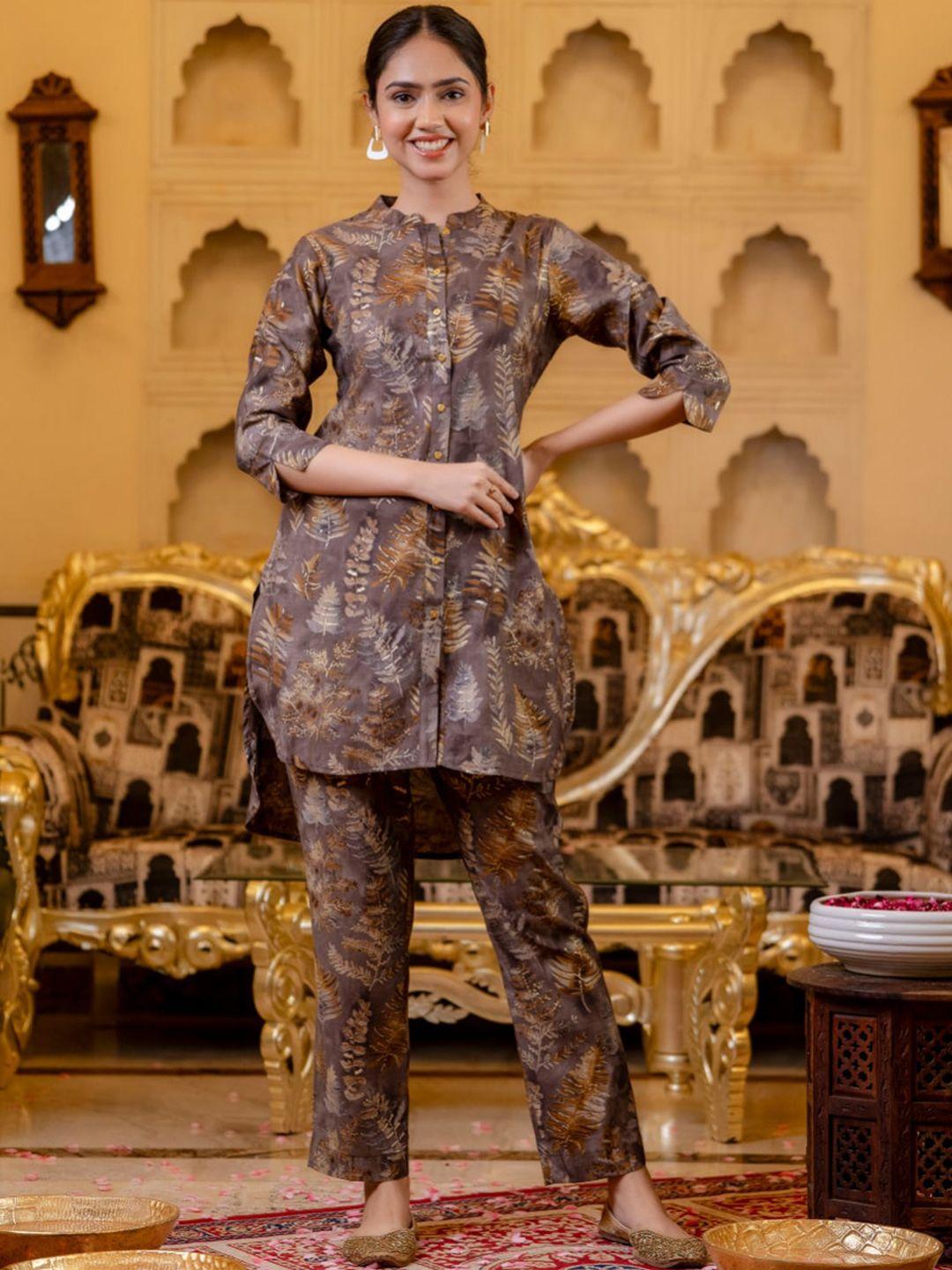 kalini floral printed mandarin collar straight kurta with trousers