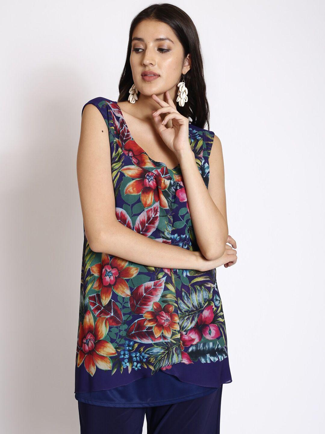 250 designs floral printed scoop neck sleeveless longline georgette top