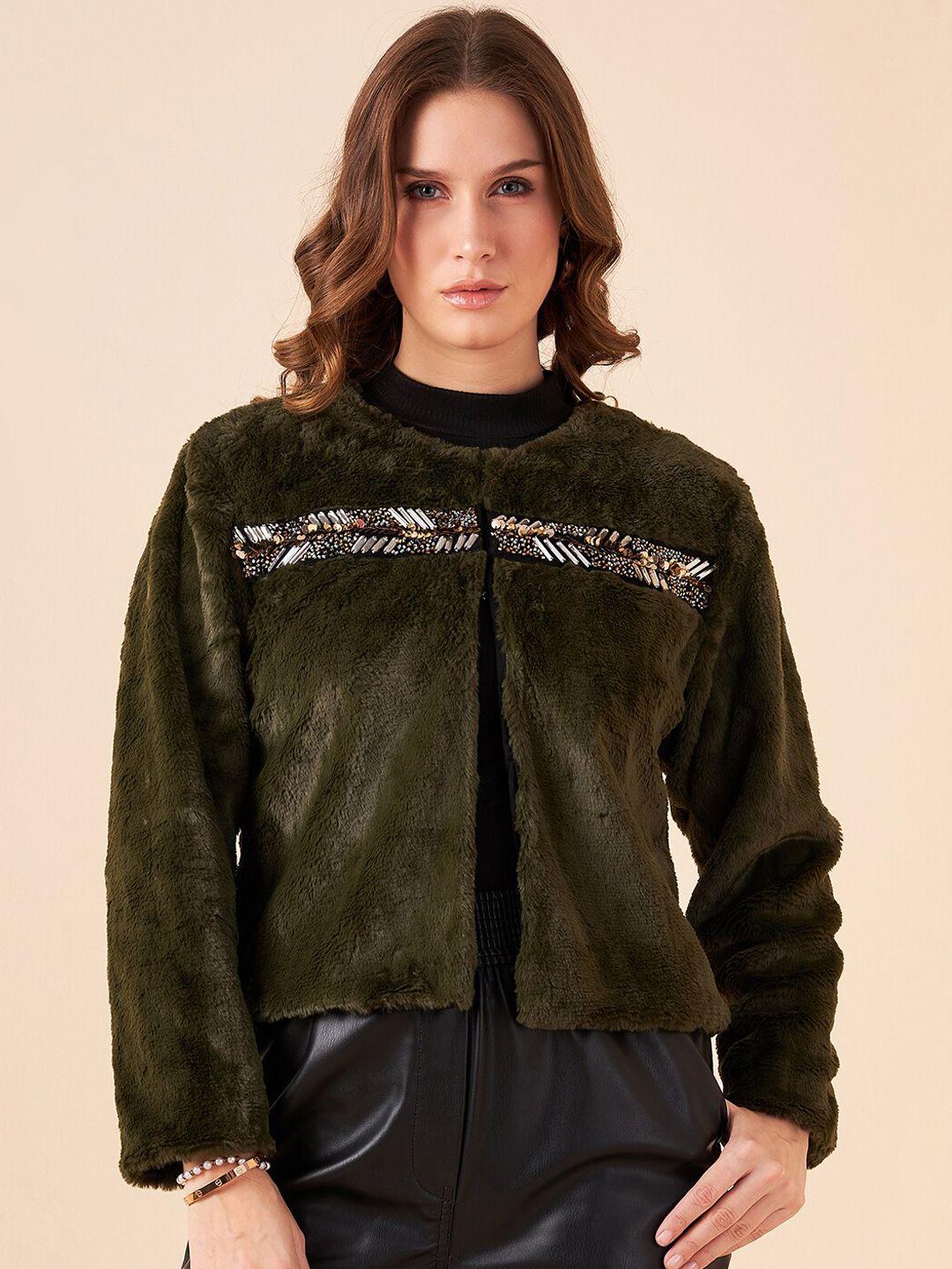 antheaa olive green embroidered fur tailored jacket