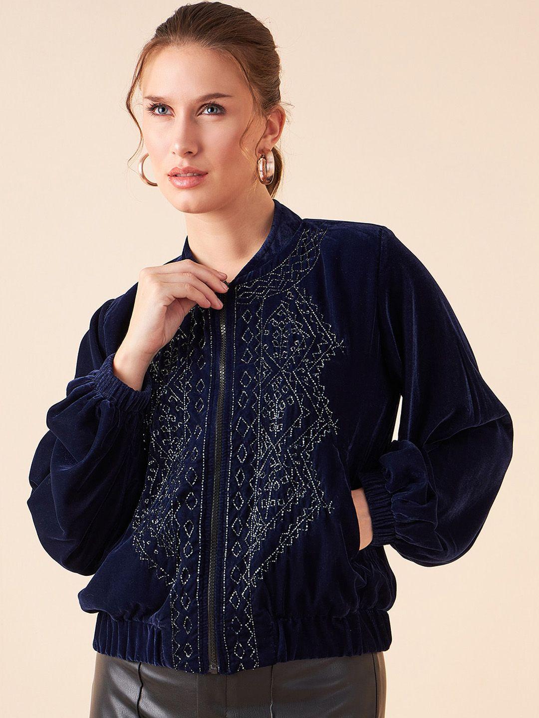 antheaa navy blue mock collar embroidered detailed velvet tailored jacket