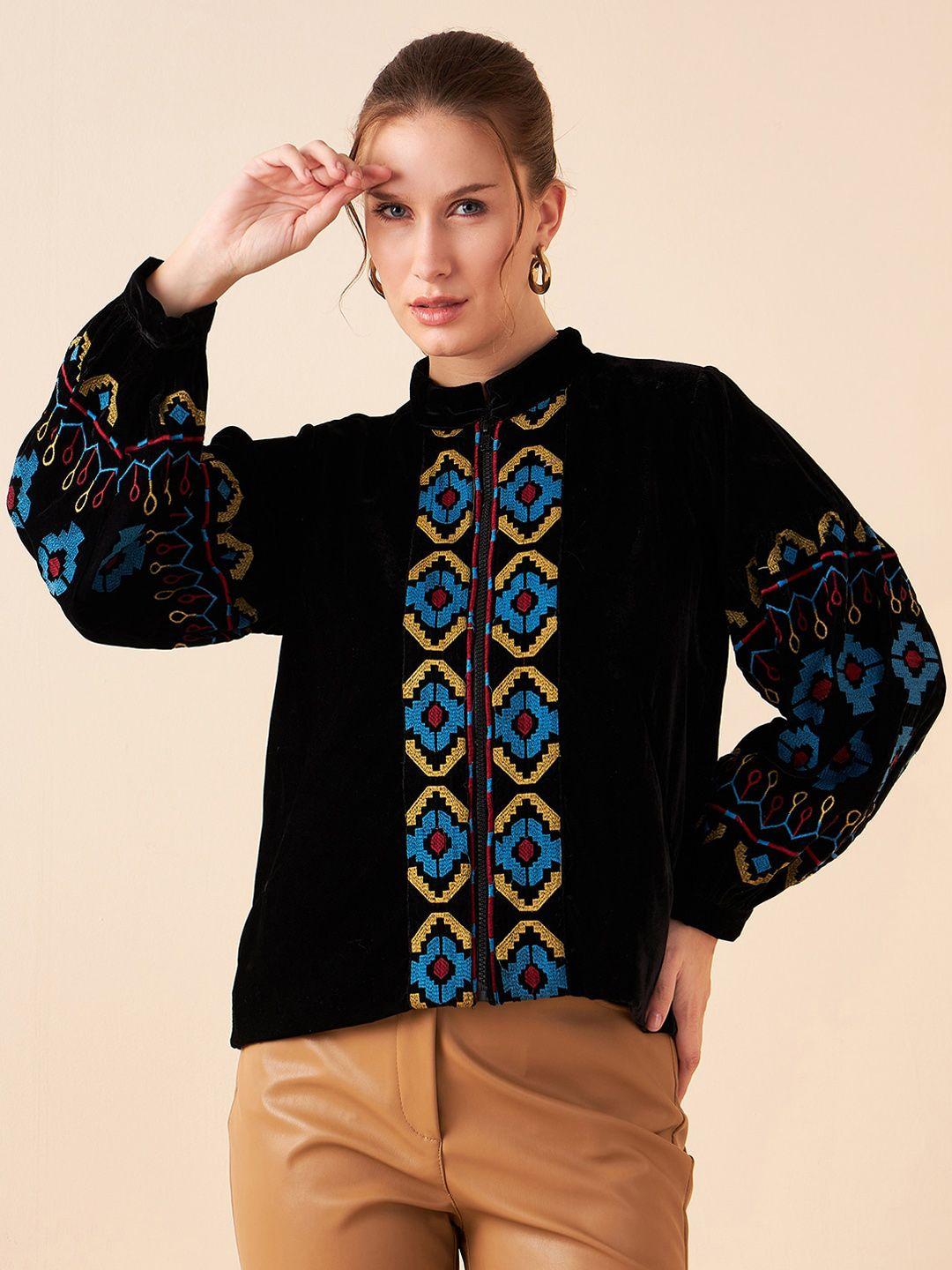 antheaa black geometric embroidered mandarin collar velvet tailored jacket