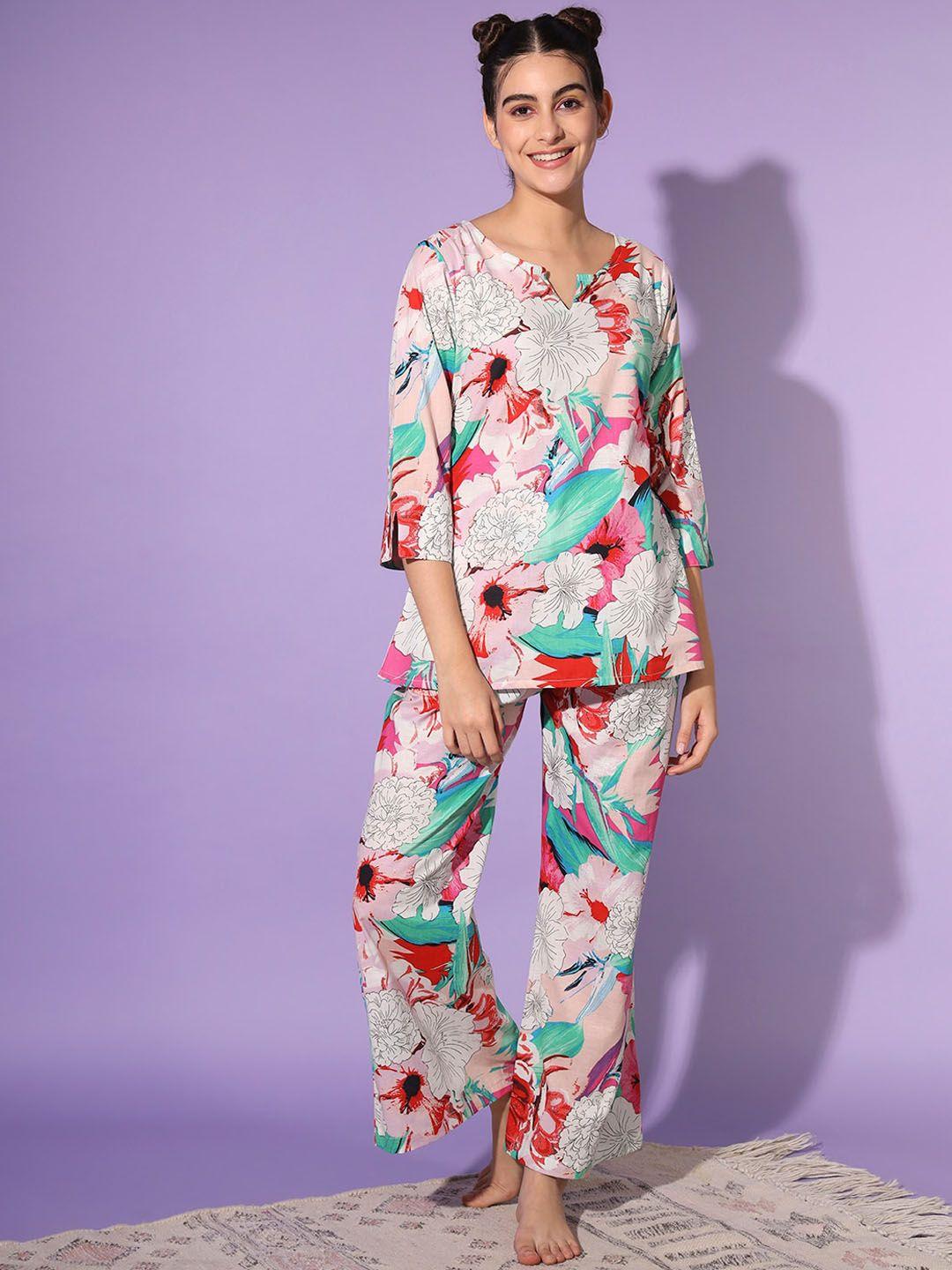 etc pink & green floral printed pure cotton night suit