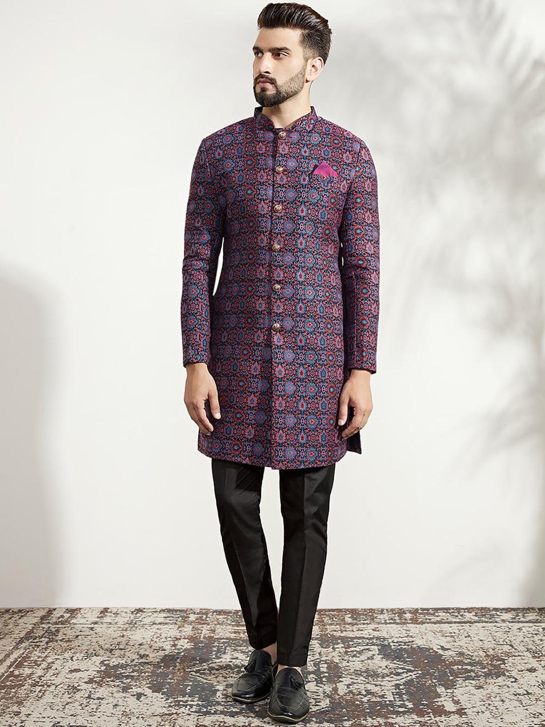 kisah ethnic motifs printed sherwani set