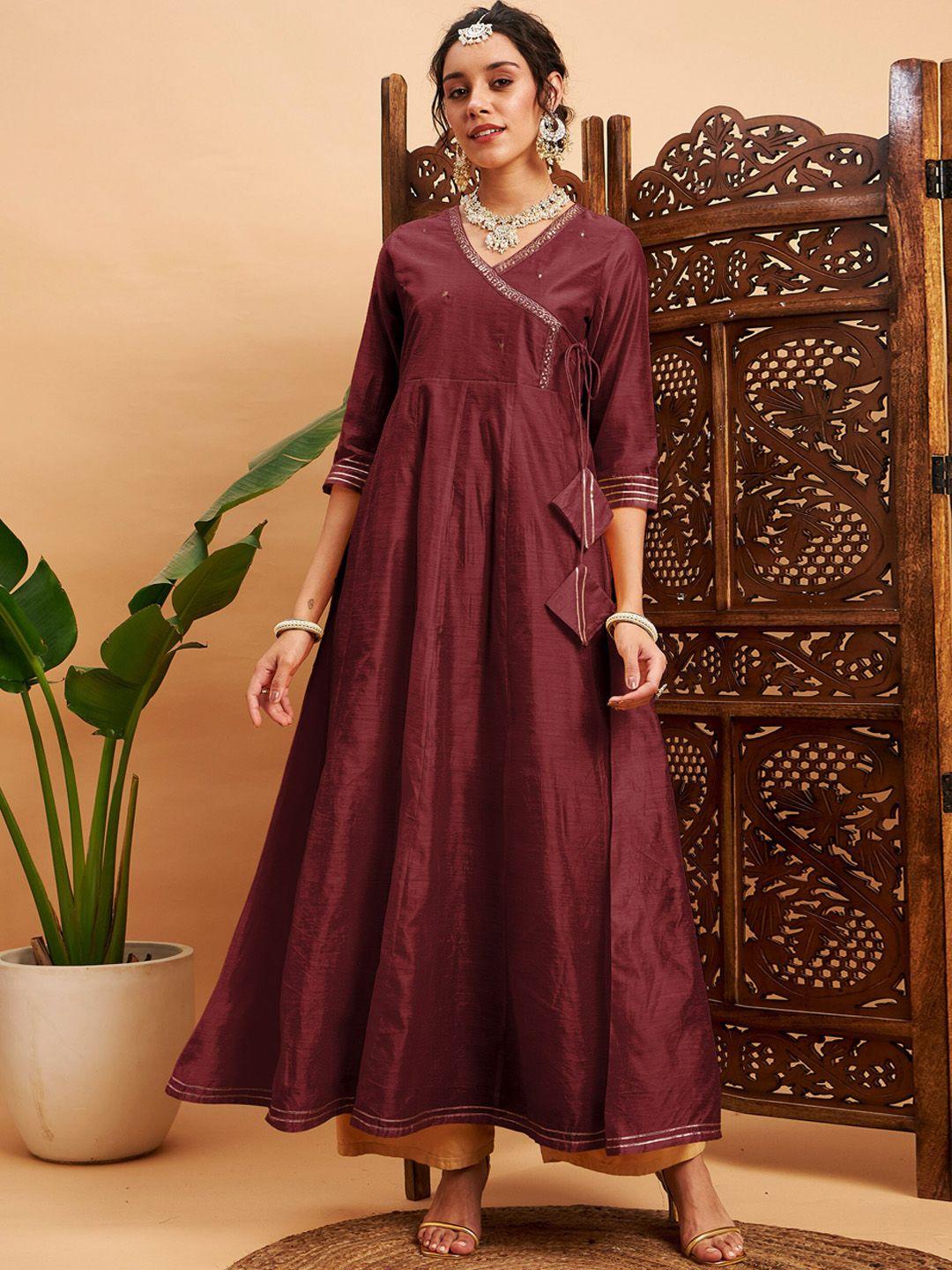 shae by sassafras maroon ethnic motifs embroidered v-neck anarkali kurta