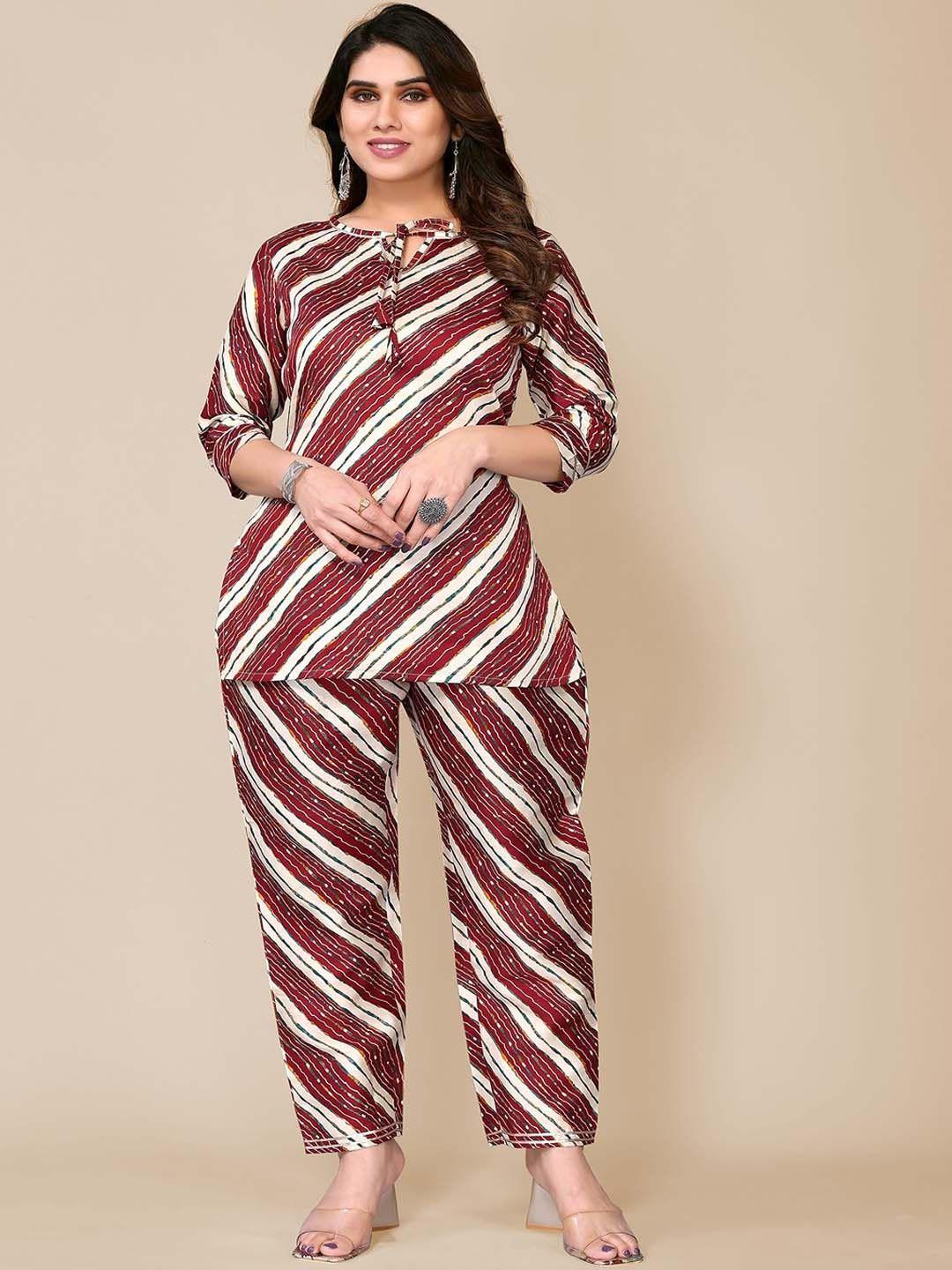 titanium silk industries pvt. ltd. striped tie up neck tunic & trouser