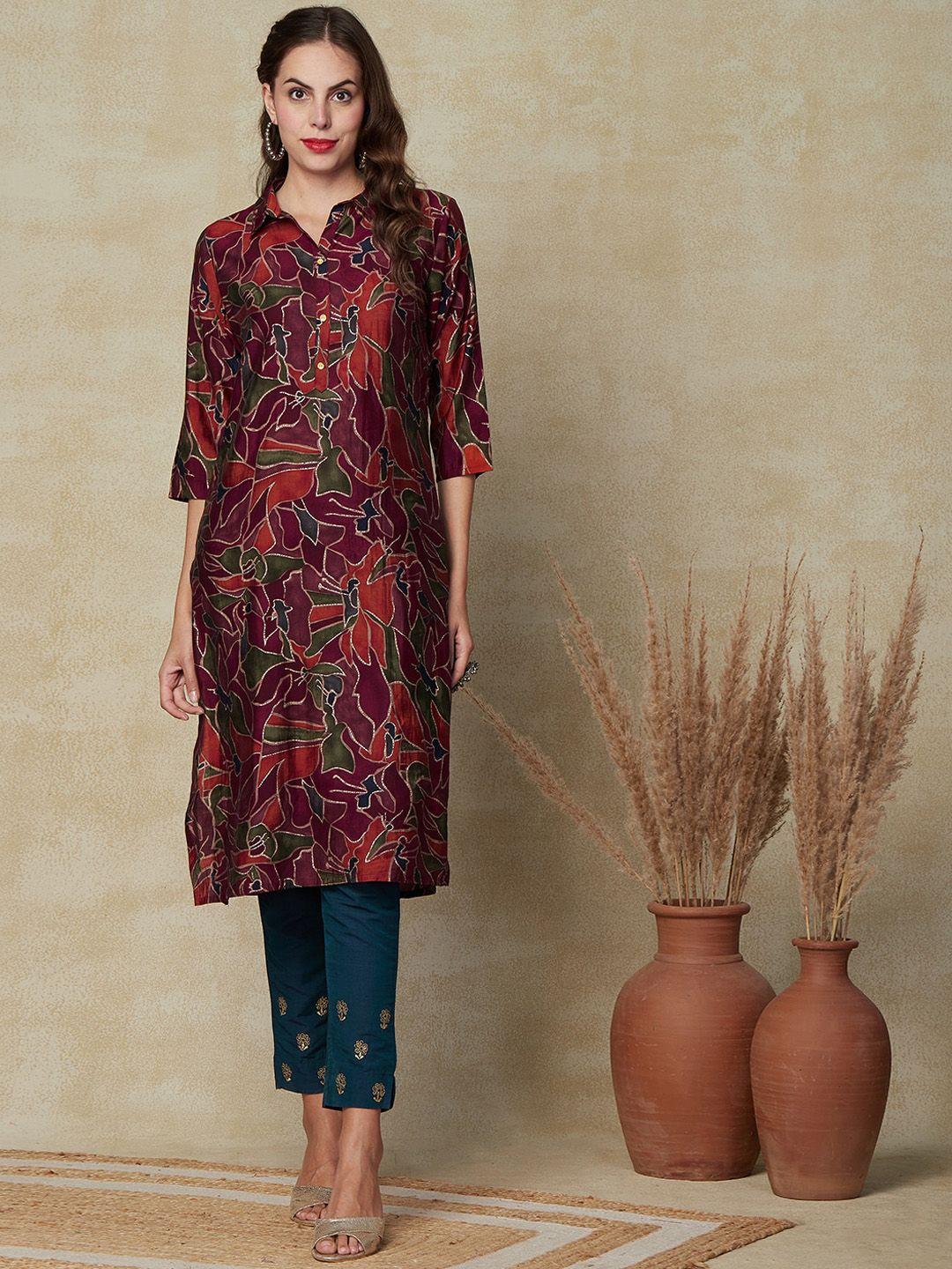 fashor women maroon printed mirror work kurta