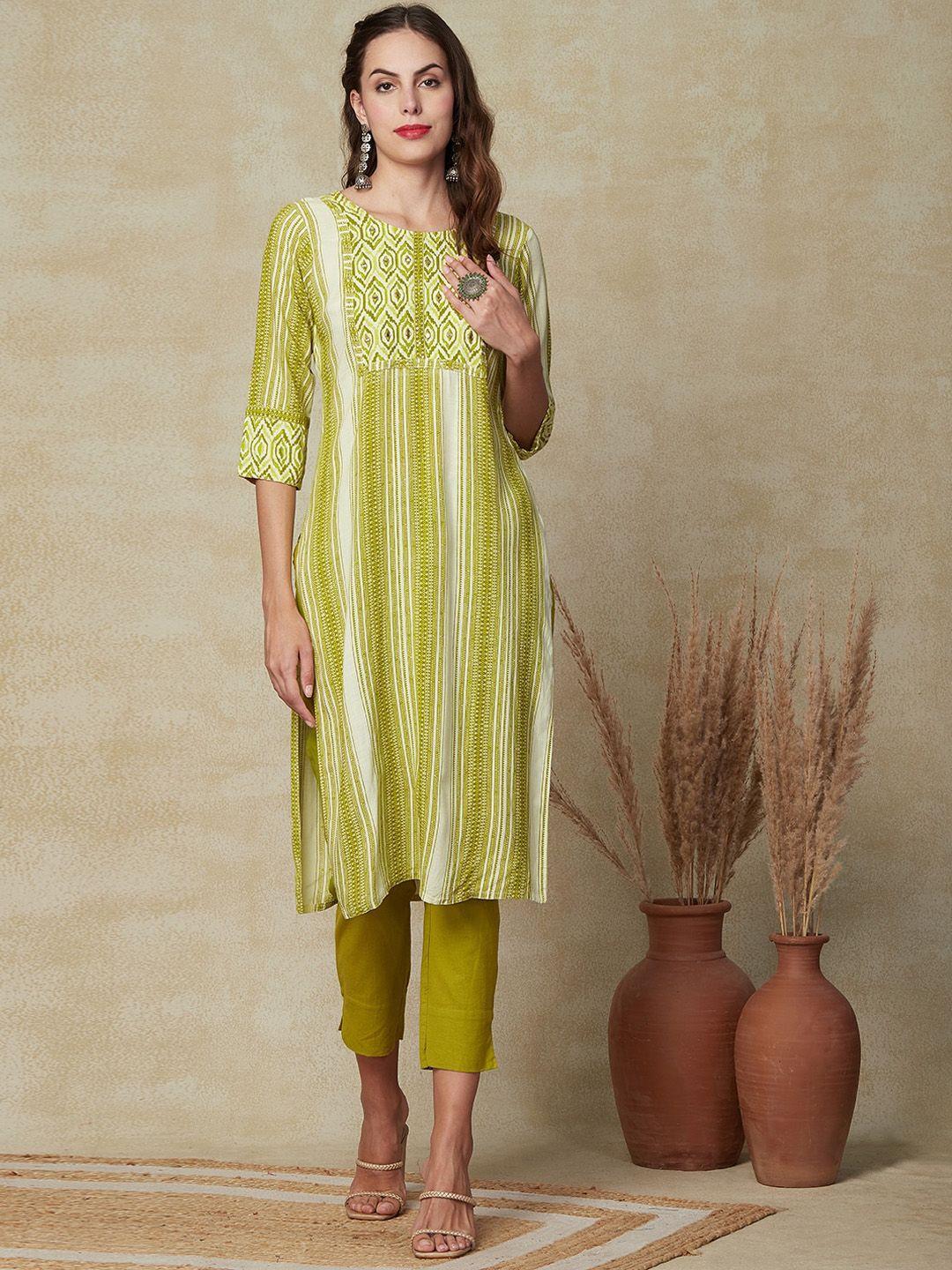 fashor women green striped keyhole neck flared sleeves sequinned kurta