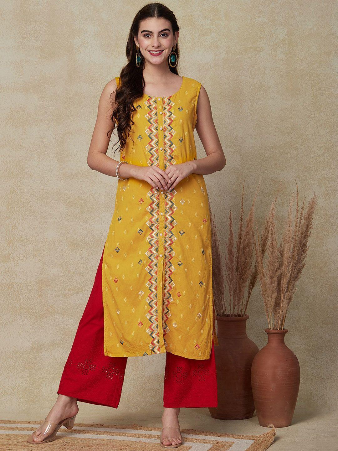 fashor women yellow ethnic motifs embroidered mirror work dobby kurta