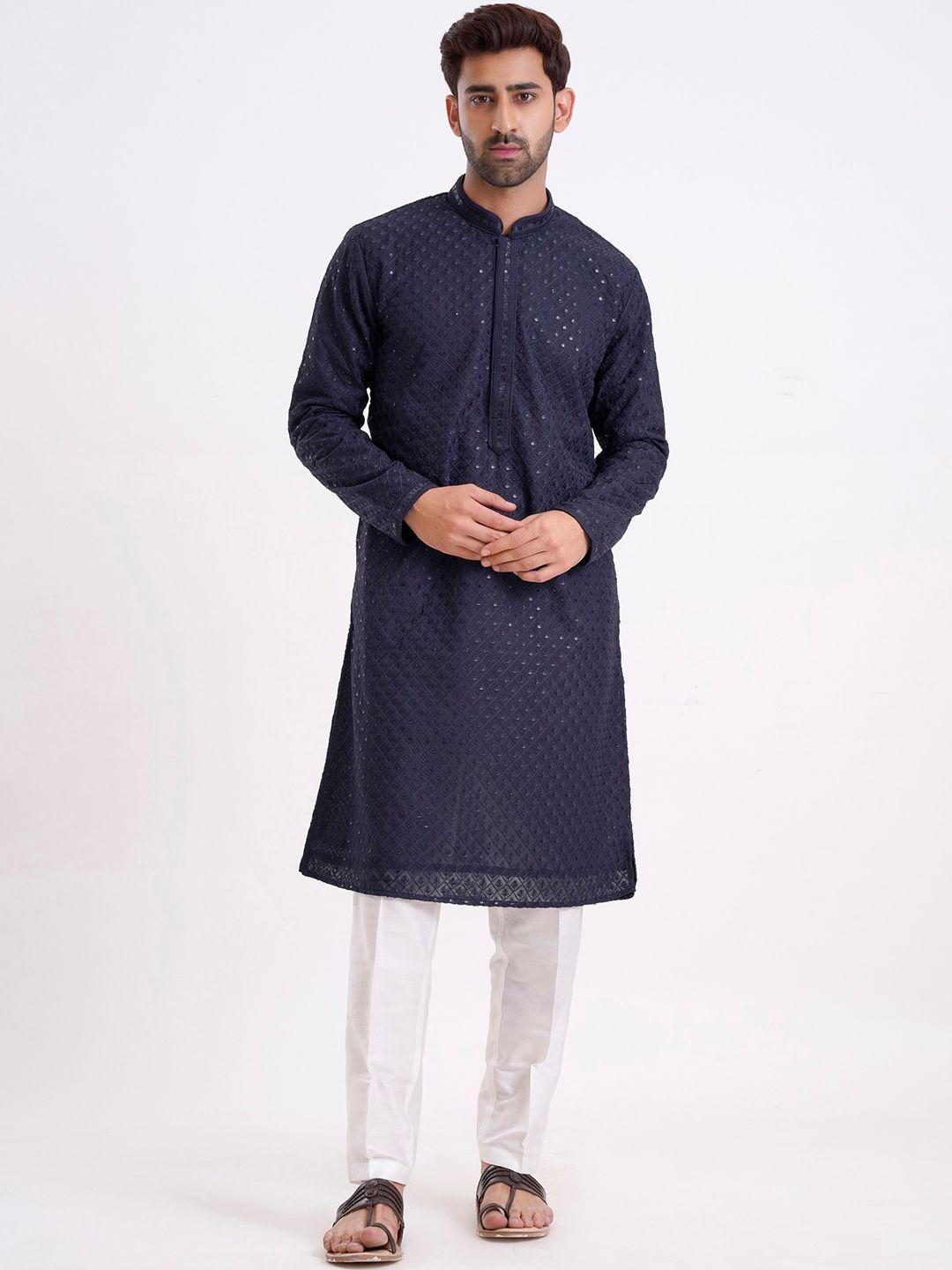 kalpraag ethnic motifs mandarin collar chikankari embroidered regular sequinned kurta set