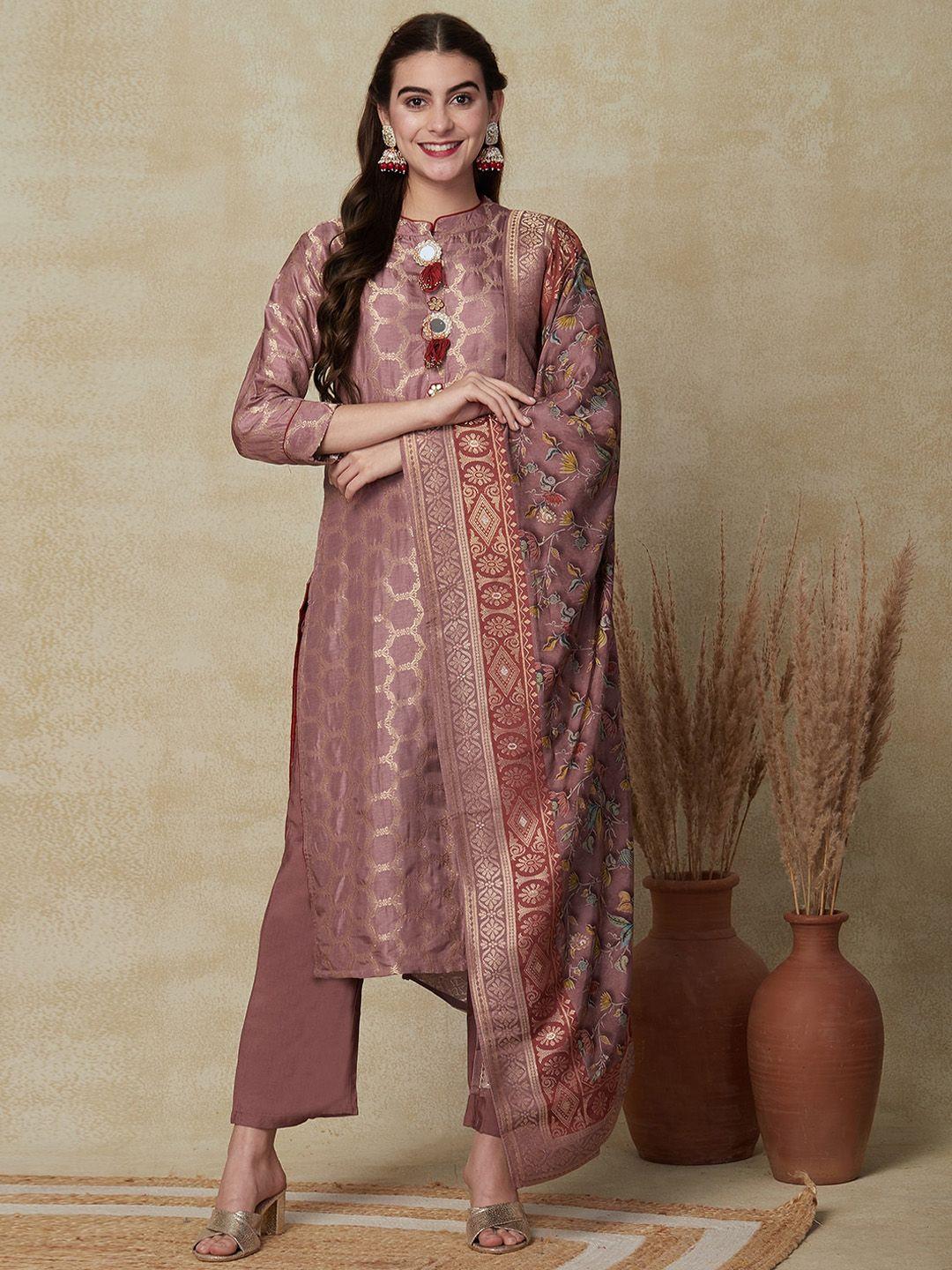 fashor woven design mandarin collar kurta with trousers & with dupatta