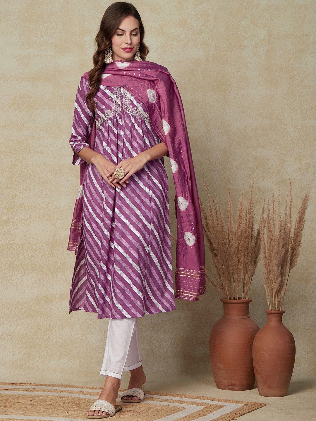 fashor women purple striped empire mirror work pure cotton kurta with trousers & with dupatta