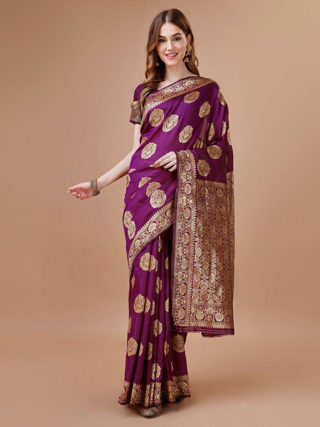 magmina purple & gold-toned woven design zari art silk banarasi saree