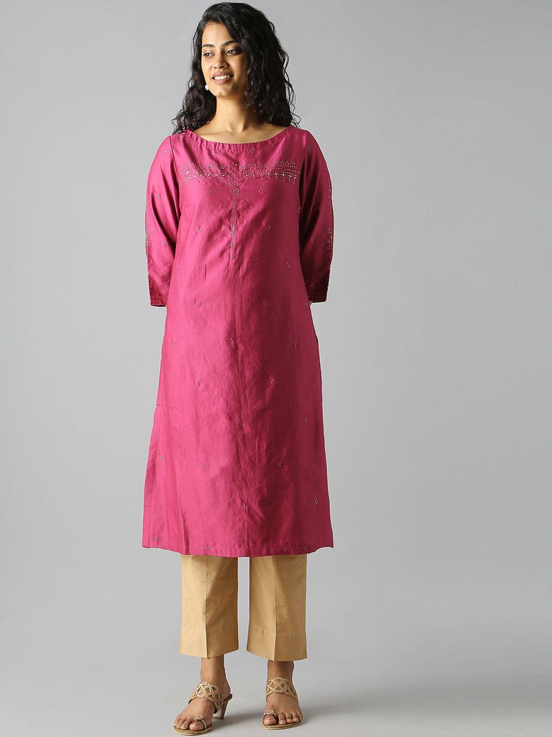 taneira embellished boat neck cotton silk kurta