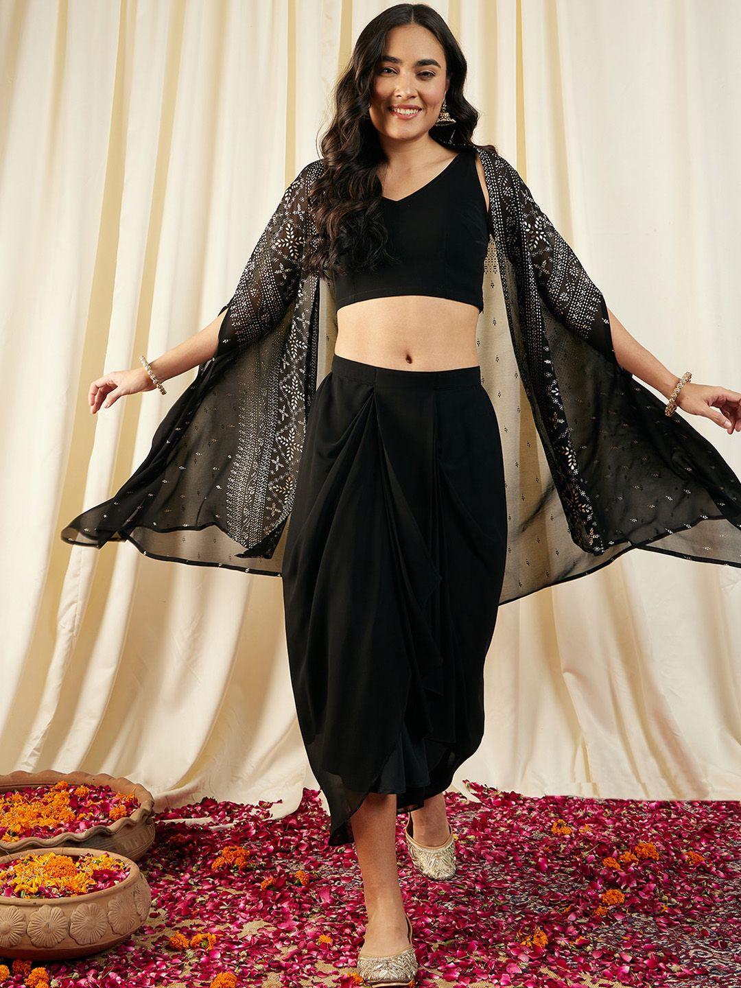 mabish by sonal jain v-neck sleeveless crop top with draped skirt & cape