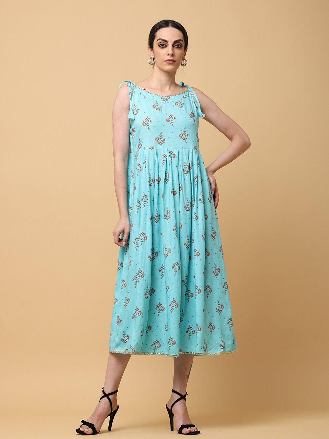 aayusika turquoise blue floral print fit & flare midi dress