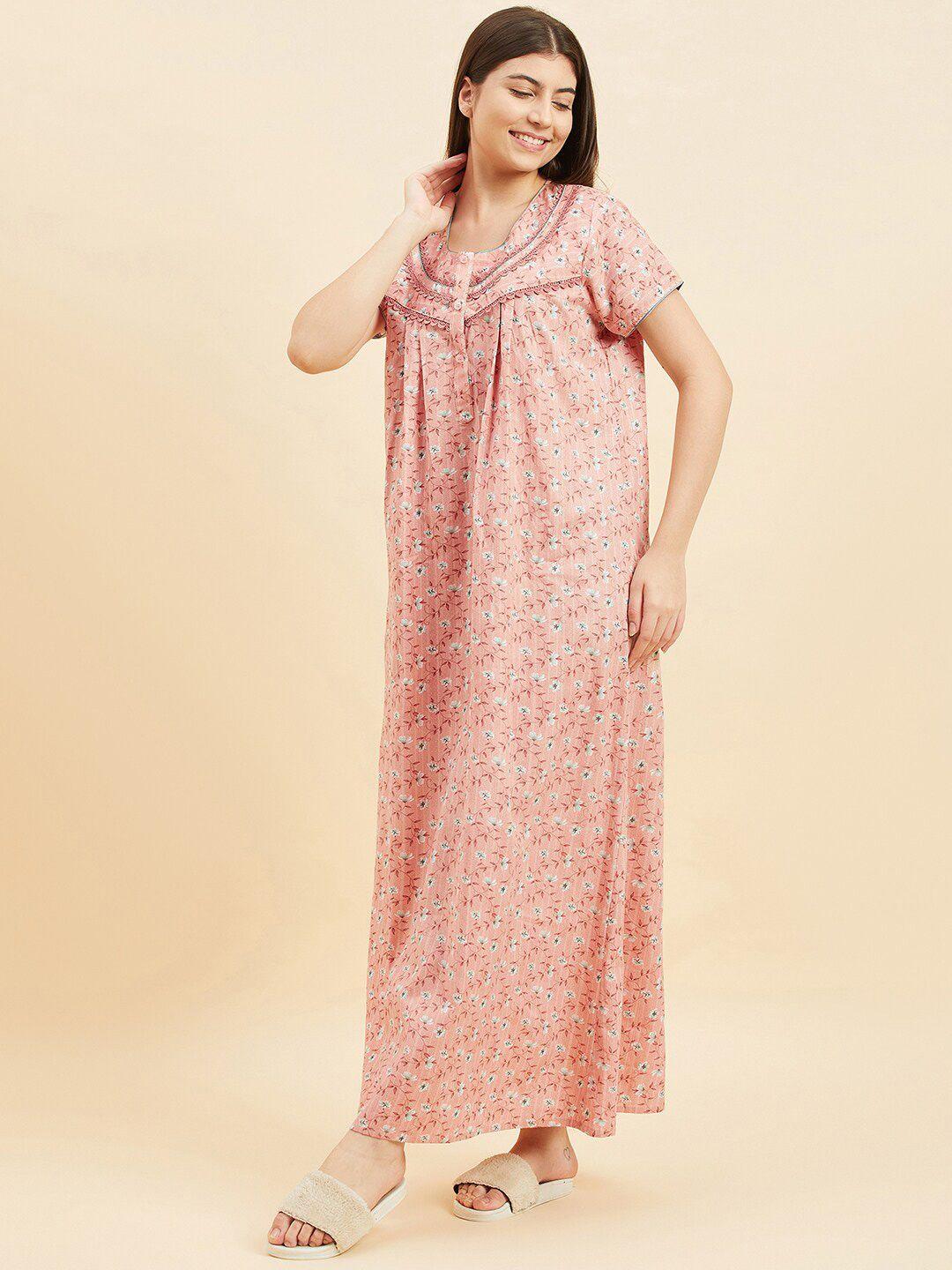 sweet dreams peach-coloured floral printed pure cotton maxi nightdress