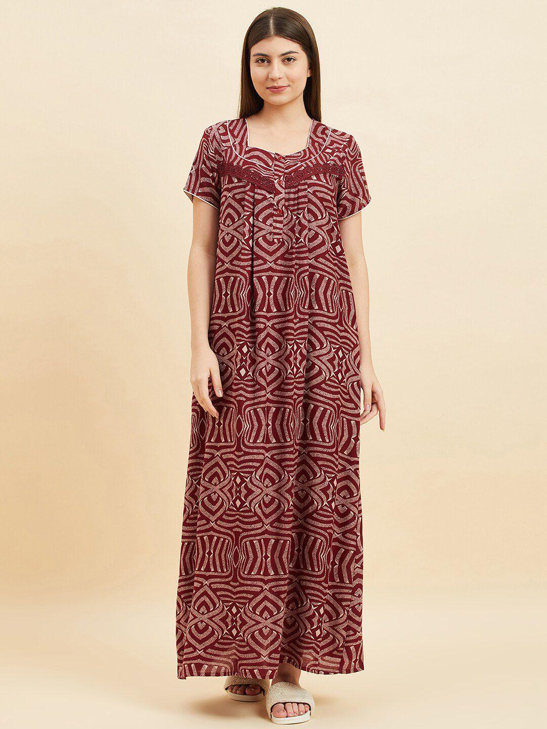 sweet dreams geometric printed square neck pure cotton maxi nightdress