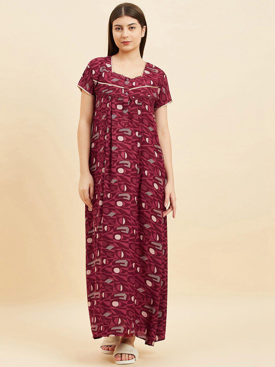 sweet dreams maroon geometric printed square neck pure cotton maxi nightdress