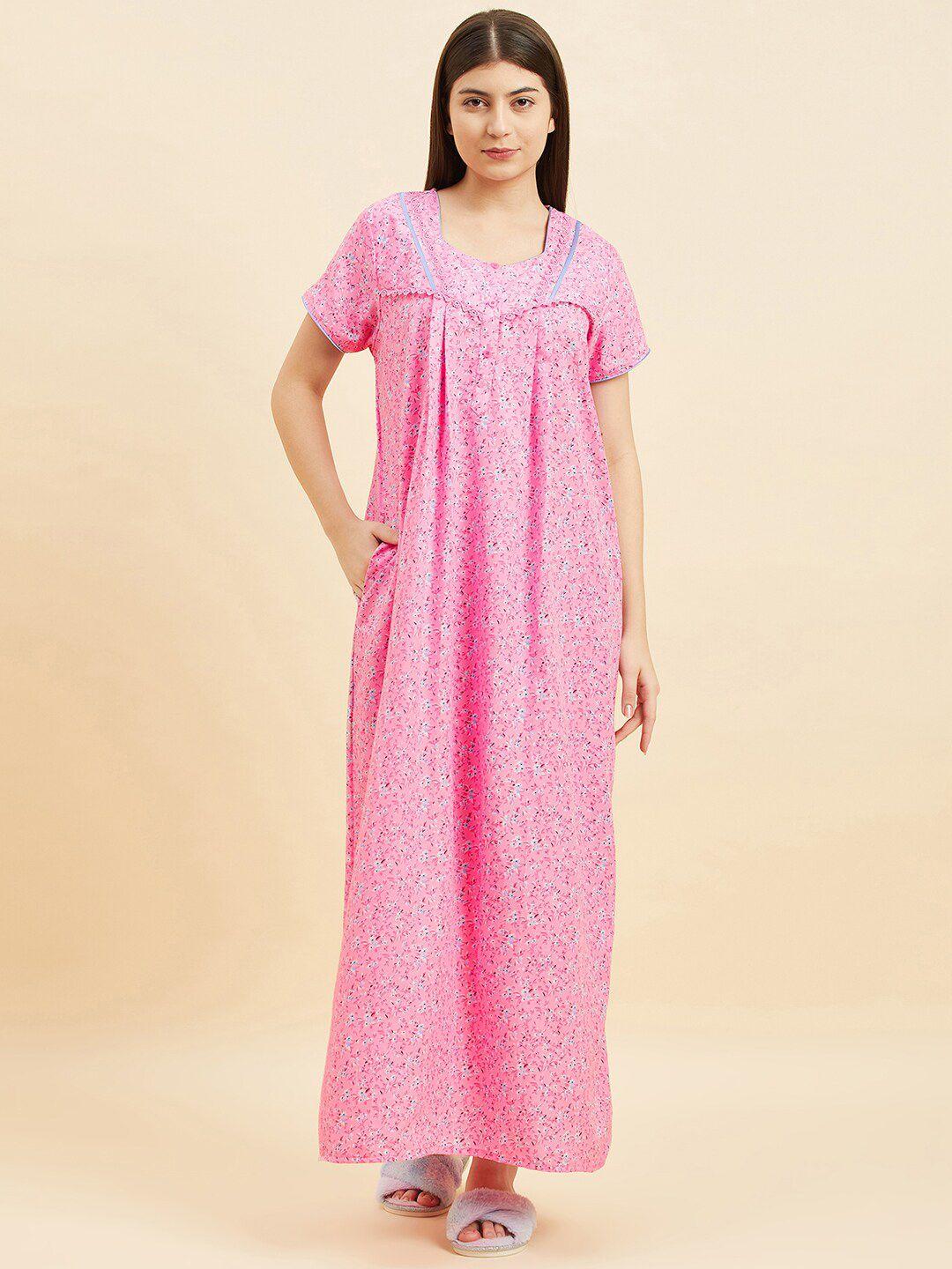 sweet dreams pink floral printed square neck pure cotton maxi nightdress