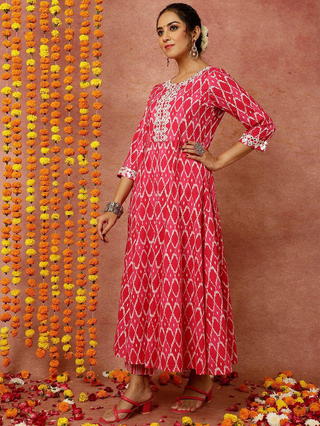 jaipur kurti ikat printed pure cotton anarkali kurta with trousers & dupatta