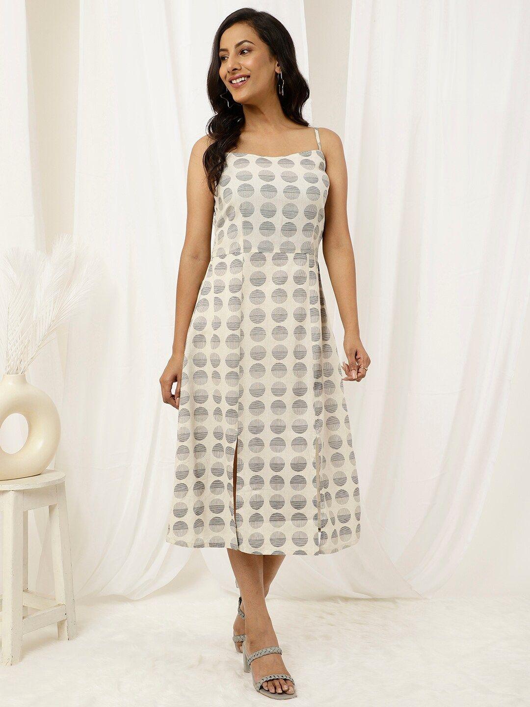 jaipur kurti geometric printed shoulder straps smocked & slit a-line midi dress