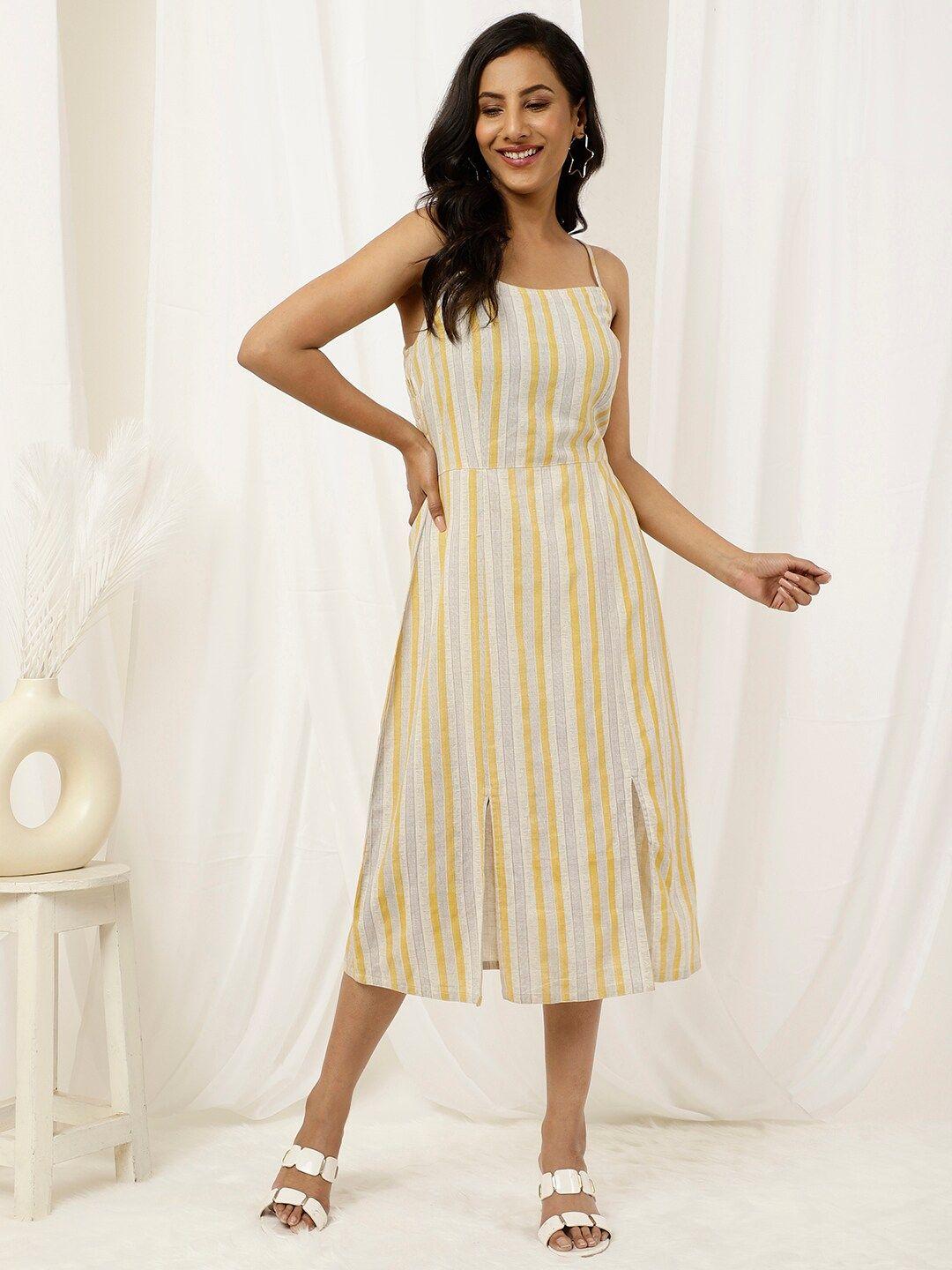 jaipur kurti striped shoulder straps smocked & slit a-line midi dress