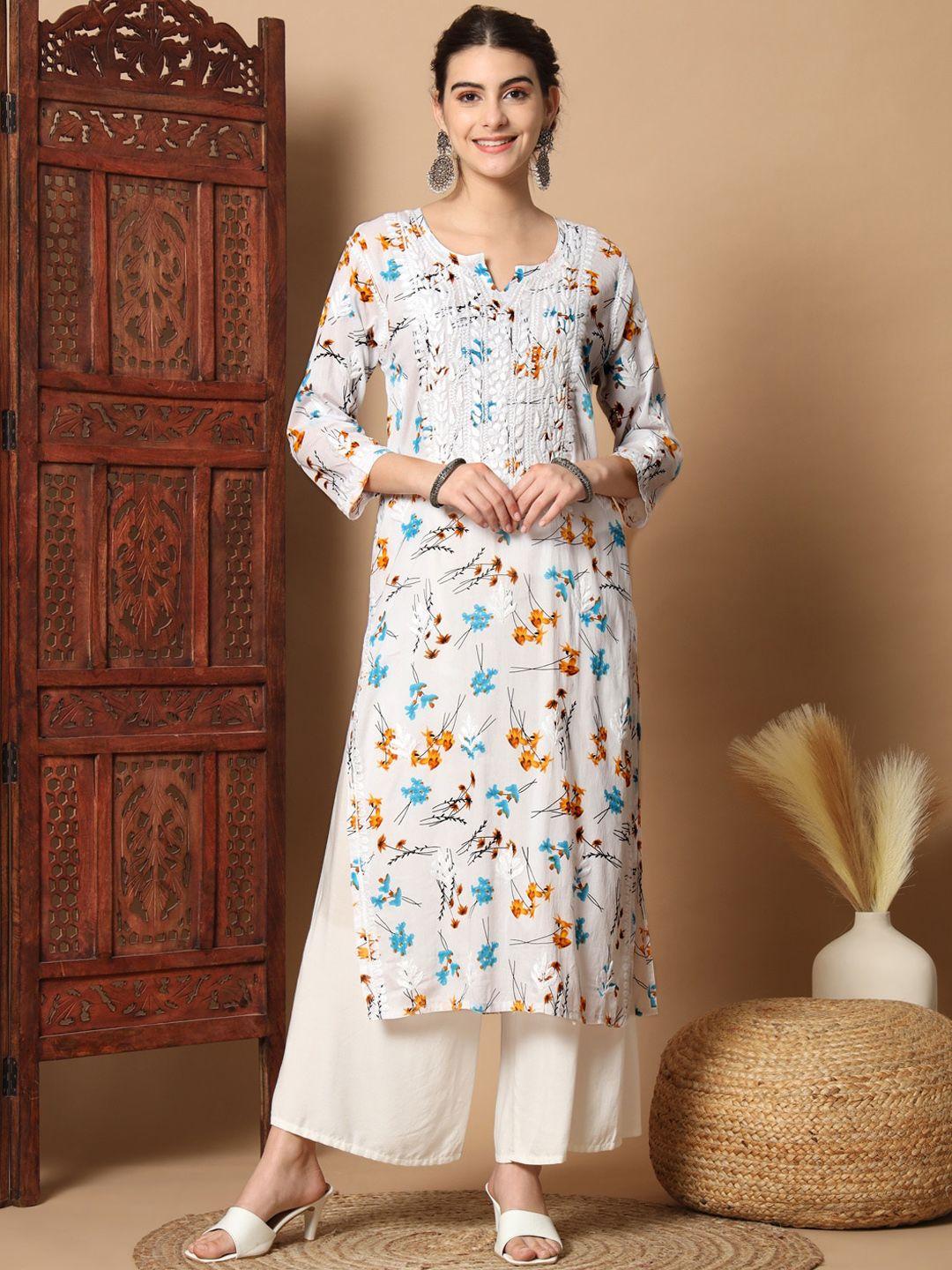 ethnava floral printed thread work detail cotton straight kurta