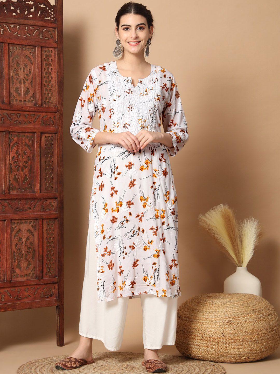 ethnava floral printed thread work detail cotton straight kurta