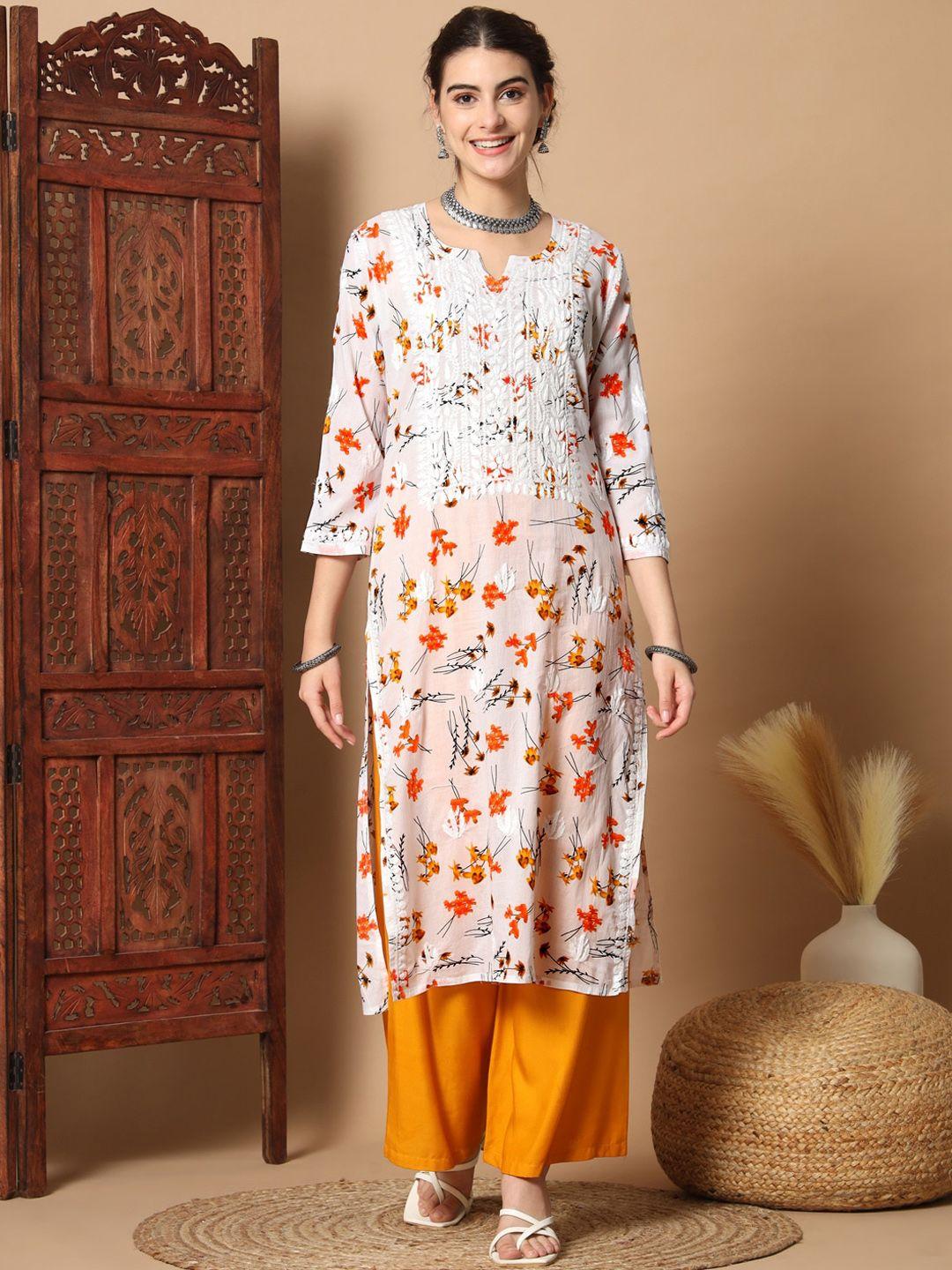 ethnava floral printed thread work detail cotton straight kurta