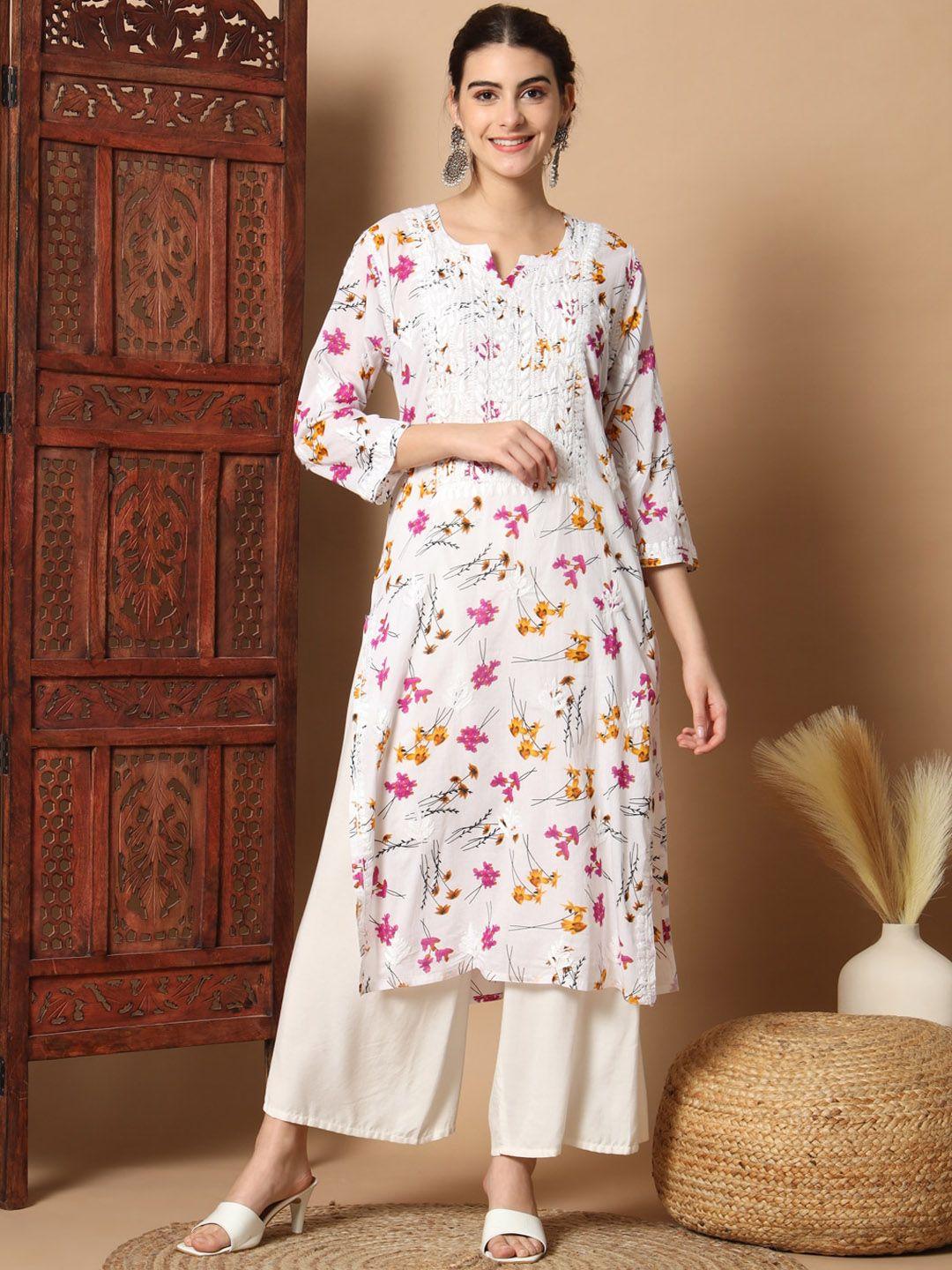 ethnava floral printed thread work detail cotton straight kurta