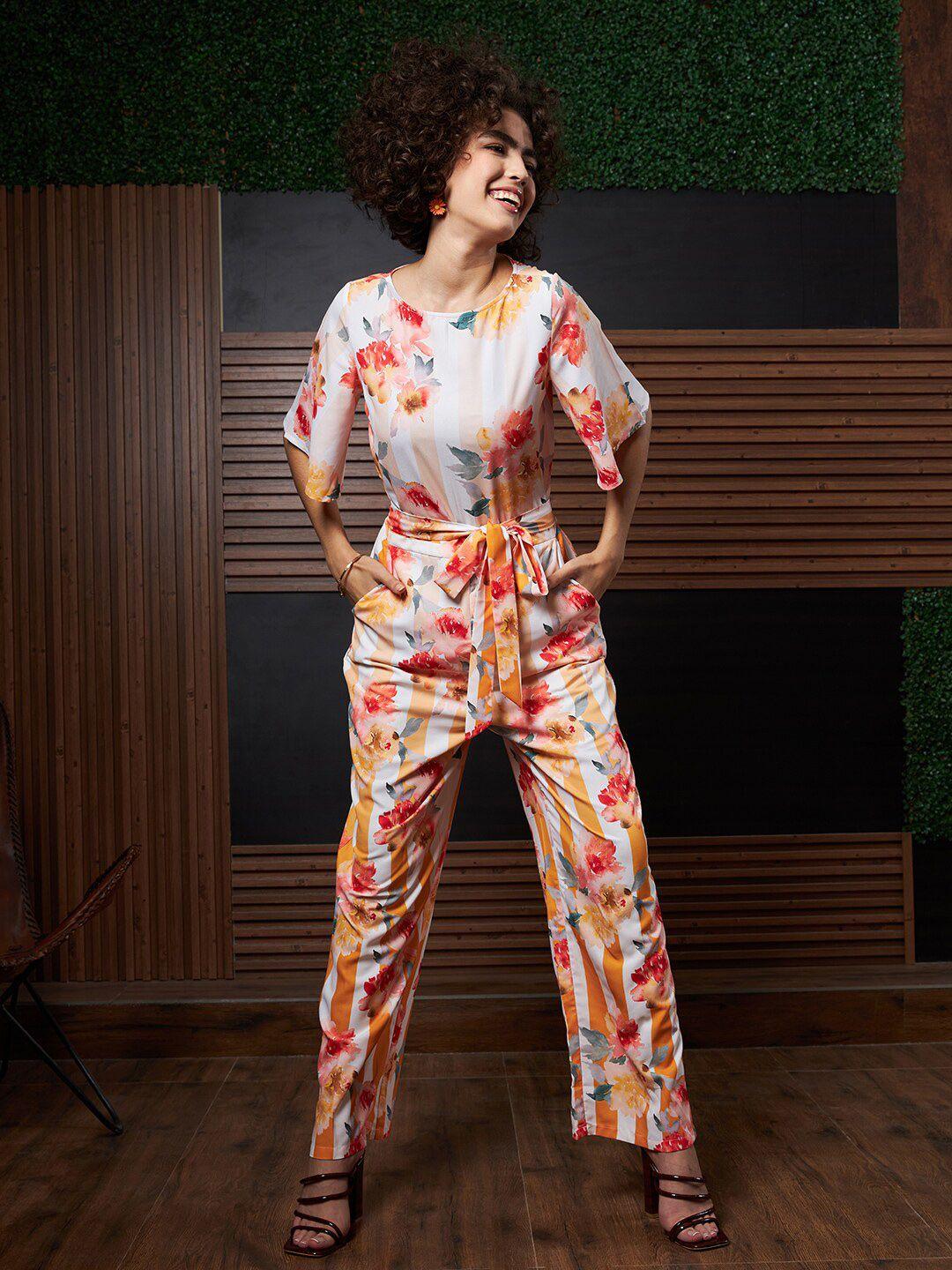 athena orange & white floral printed basic jumpsuit with waist tie-ups