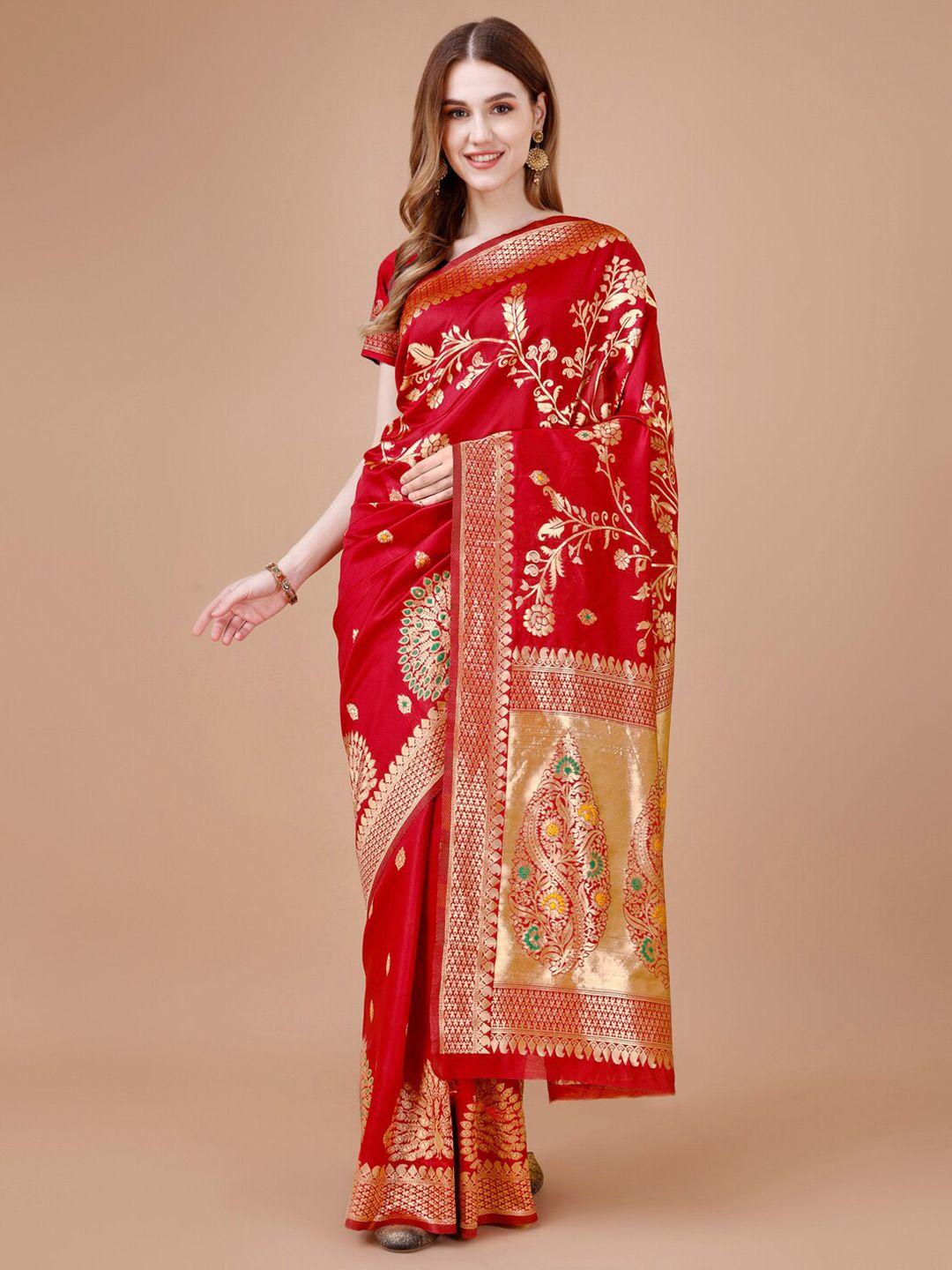 magmina red & gold-toned woven design zari art silk banarasi saree