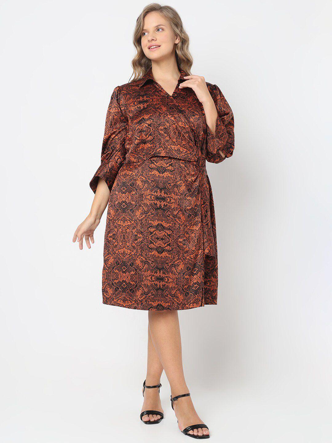 vero moda curve plus size animal printed shirt collar tie-ups wrap midi dress