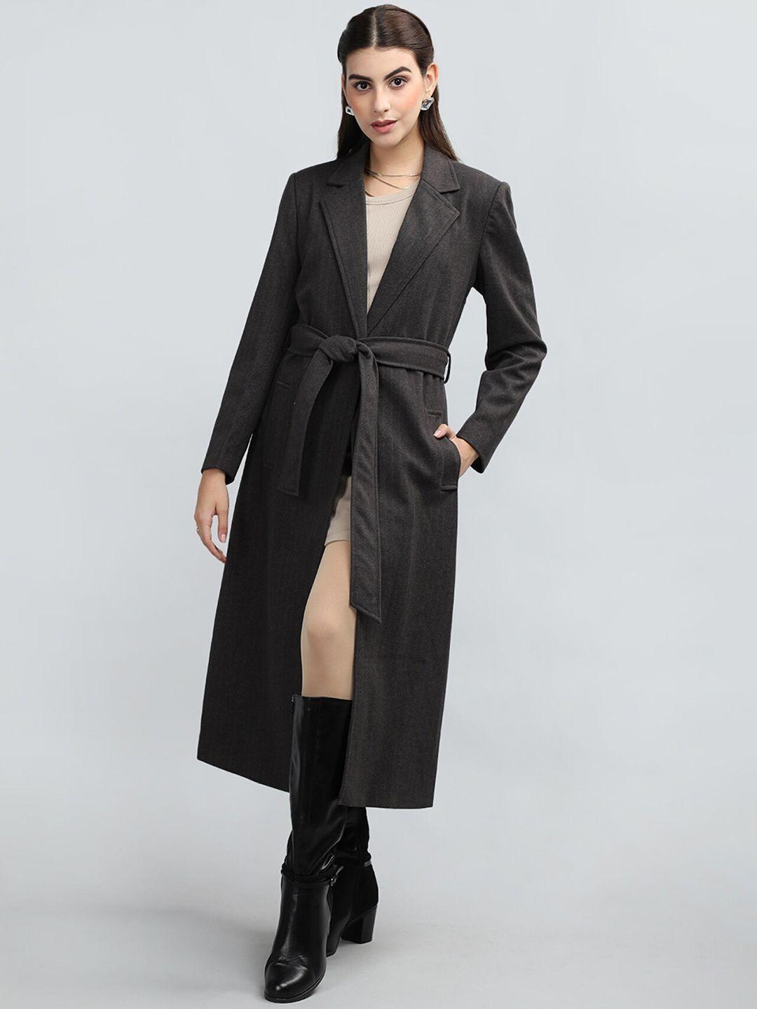 rage notched lapel tie- up waist winter tie-up longline overcoat