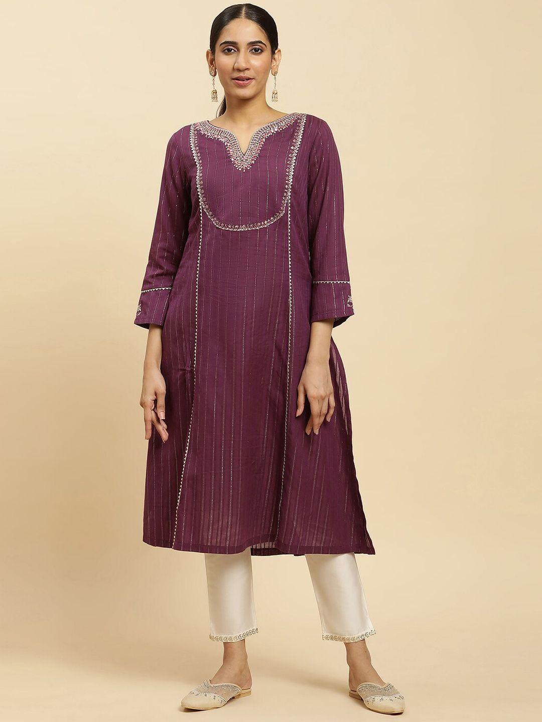 w purple striped thread work straight kurta