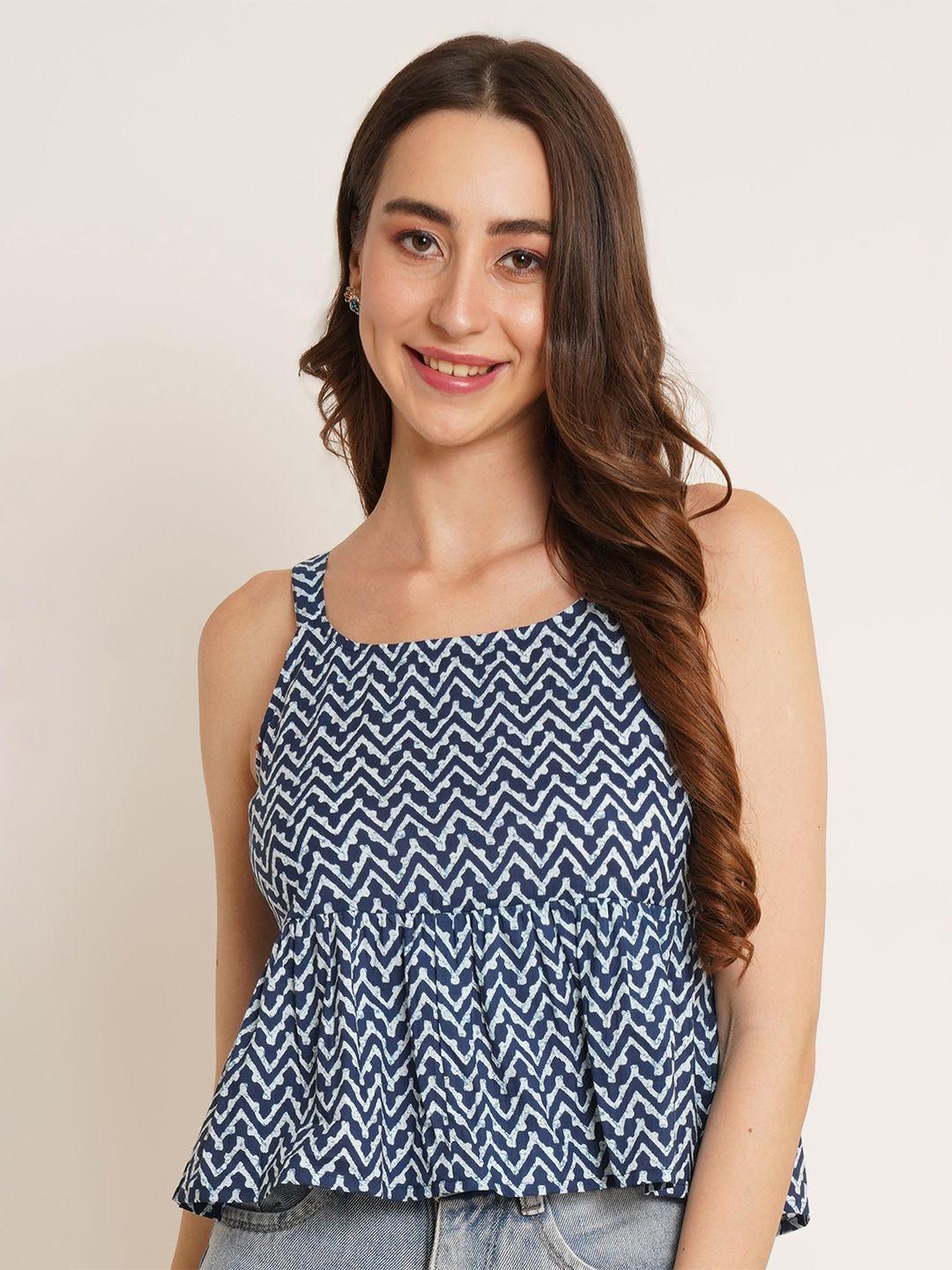 cotland fashion blue geometric print cotton peplum top