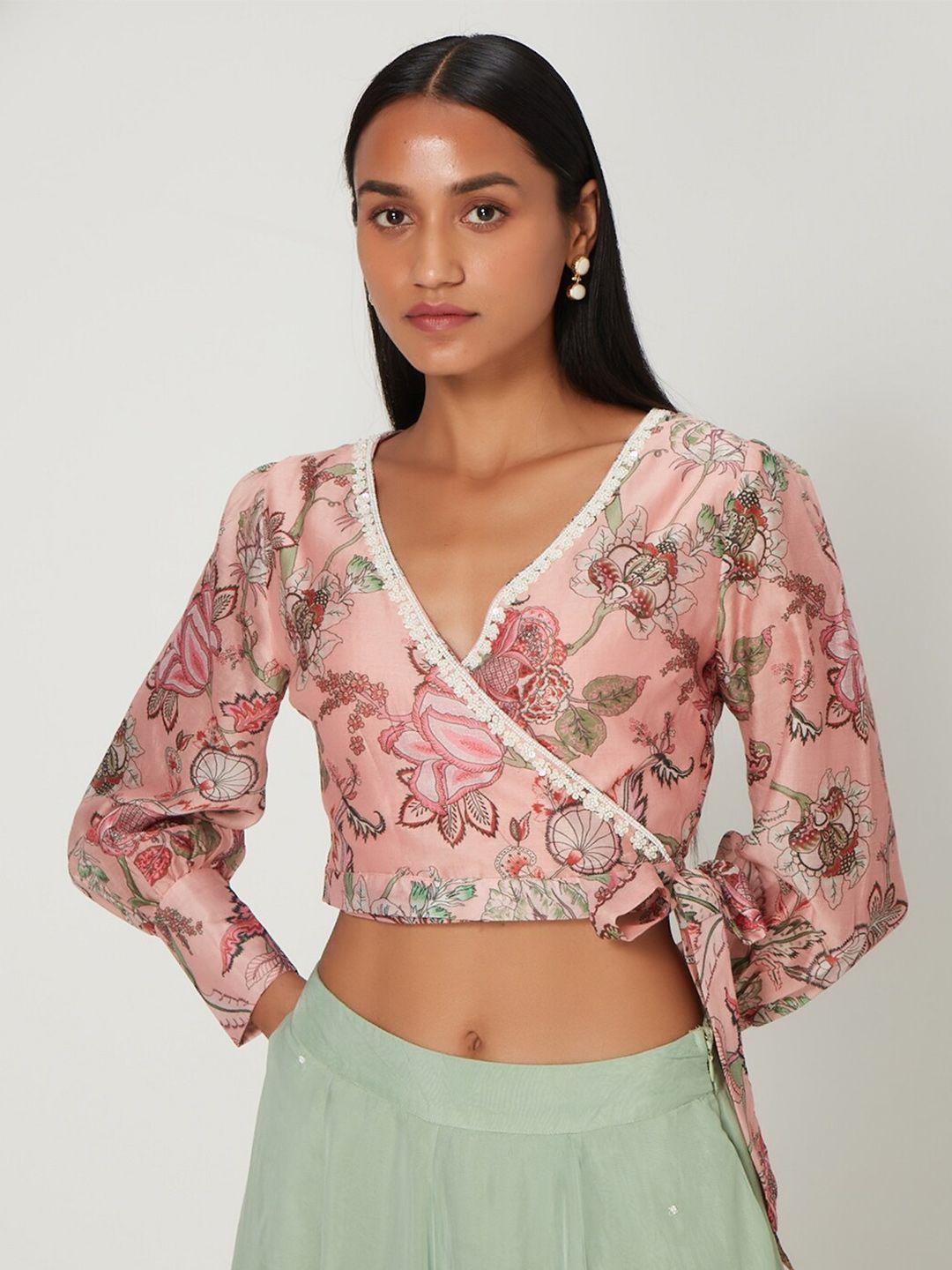 ancestry pink floral print wrap crop top