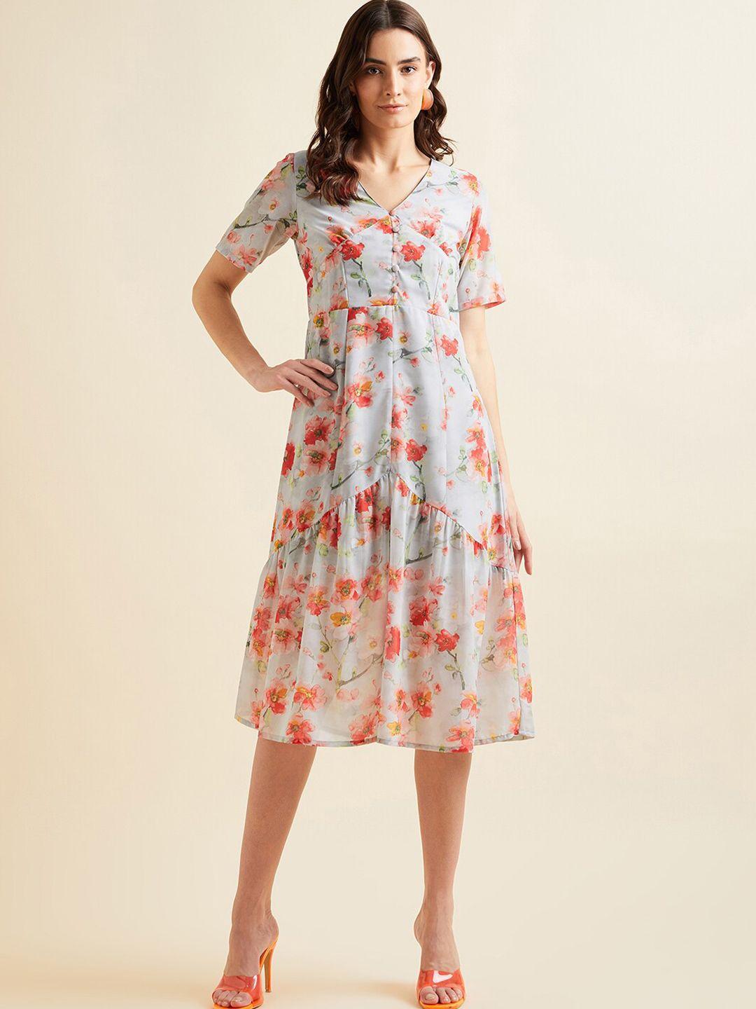 panit grey & orange floral printed v-neck georgette a-line dress