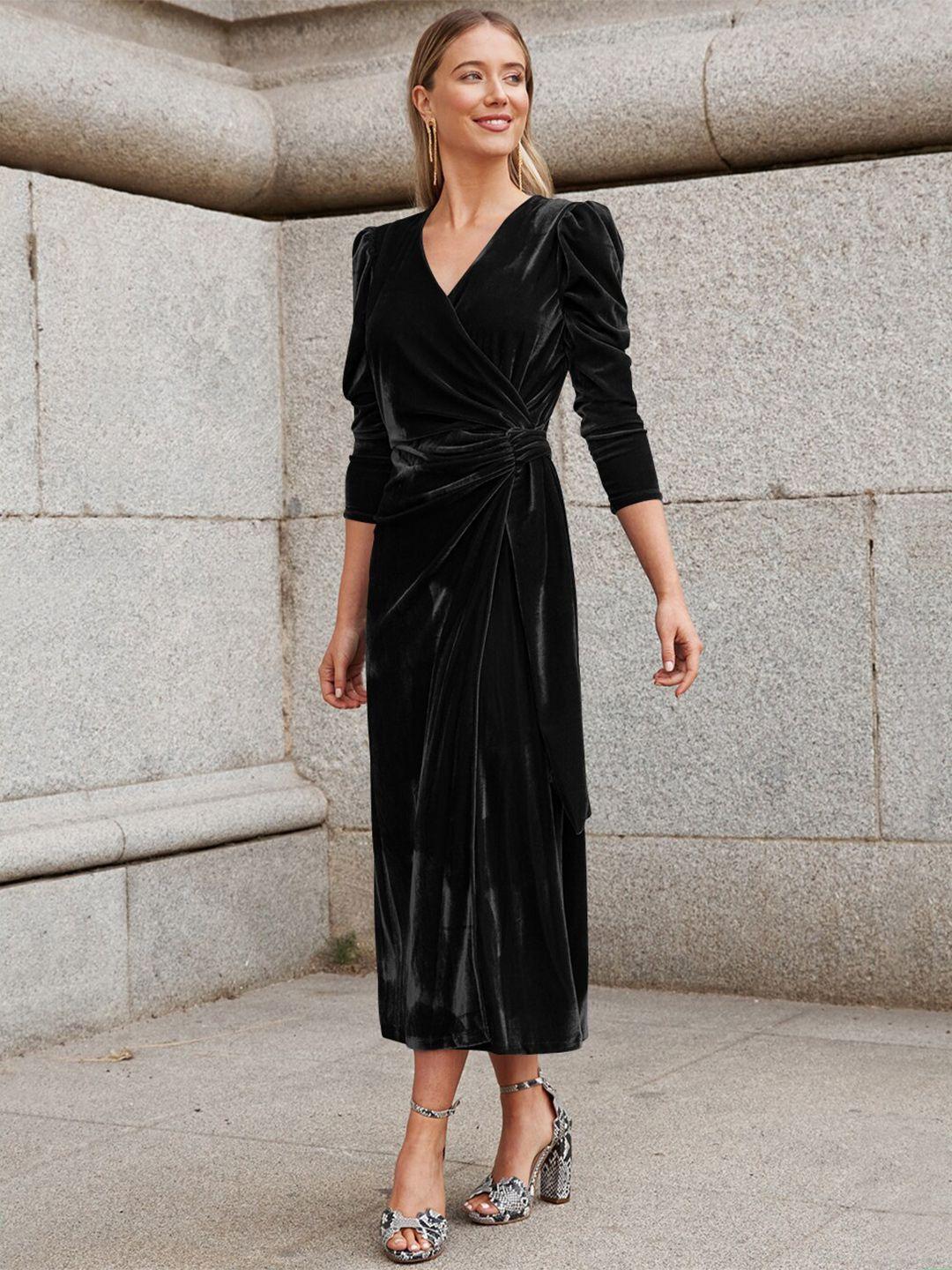 stylecast black puff sleeves v-neck midi wrap dress