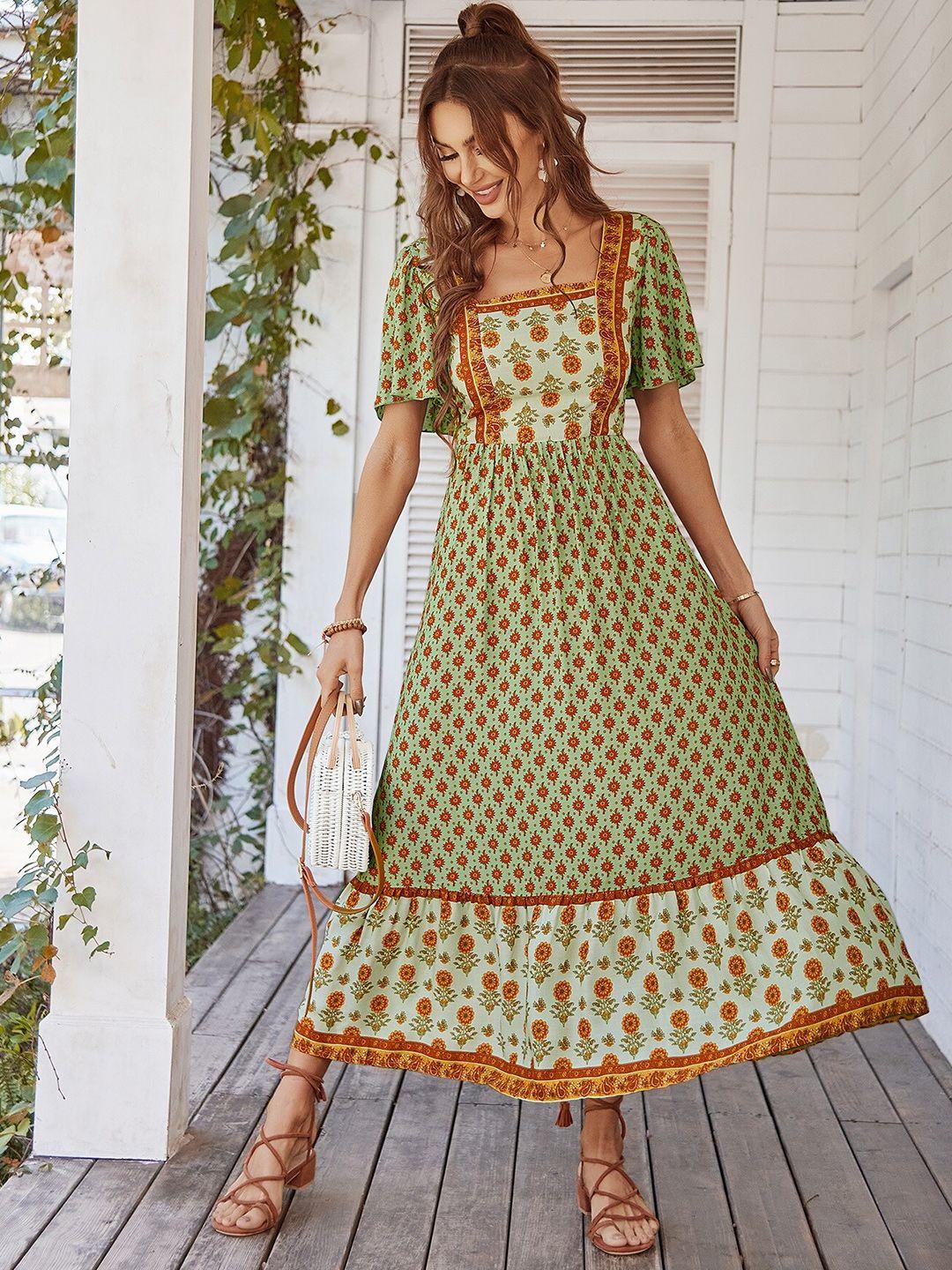 stylecast green ethnic motifs printed square neck flared sleeves a-line dress