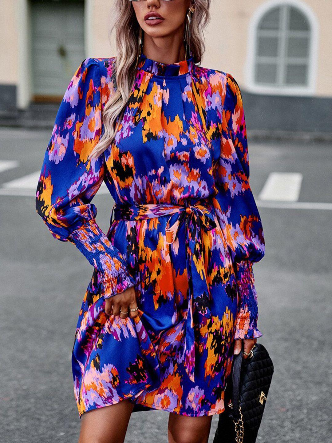 stylecast blue abstract printed high neck puff sleeves belted a-line dress