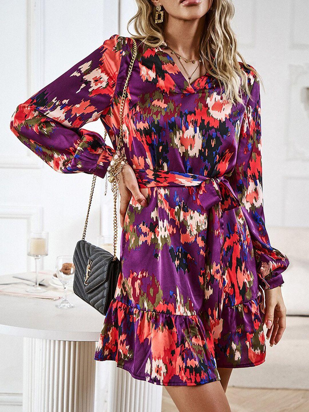 stylecast purple abstract printed cuffed sleeves tie up & ruffled a-line dress