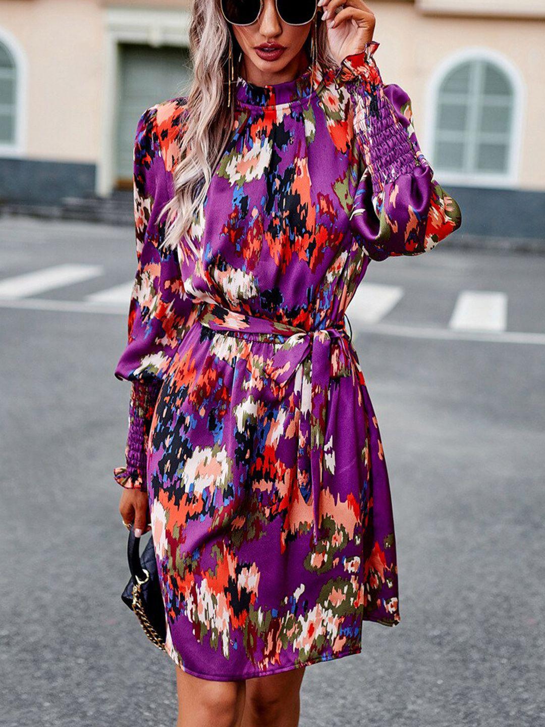 stylecast purple abstract printed high neck cuffed sleeve fit & flare dress