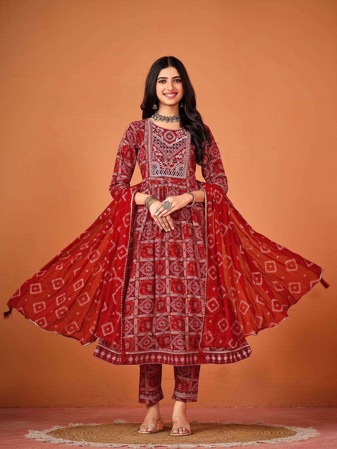 sangria maroon ethnic motifs printed anarkali kurta with trousers & dupatta