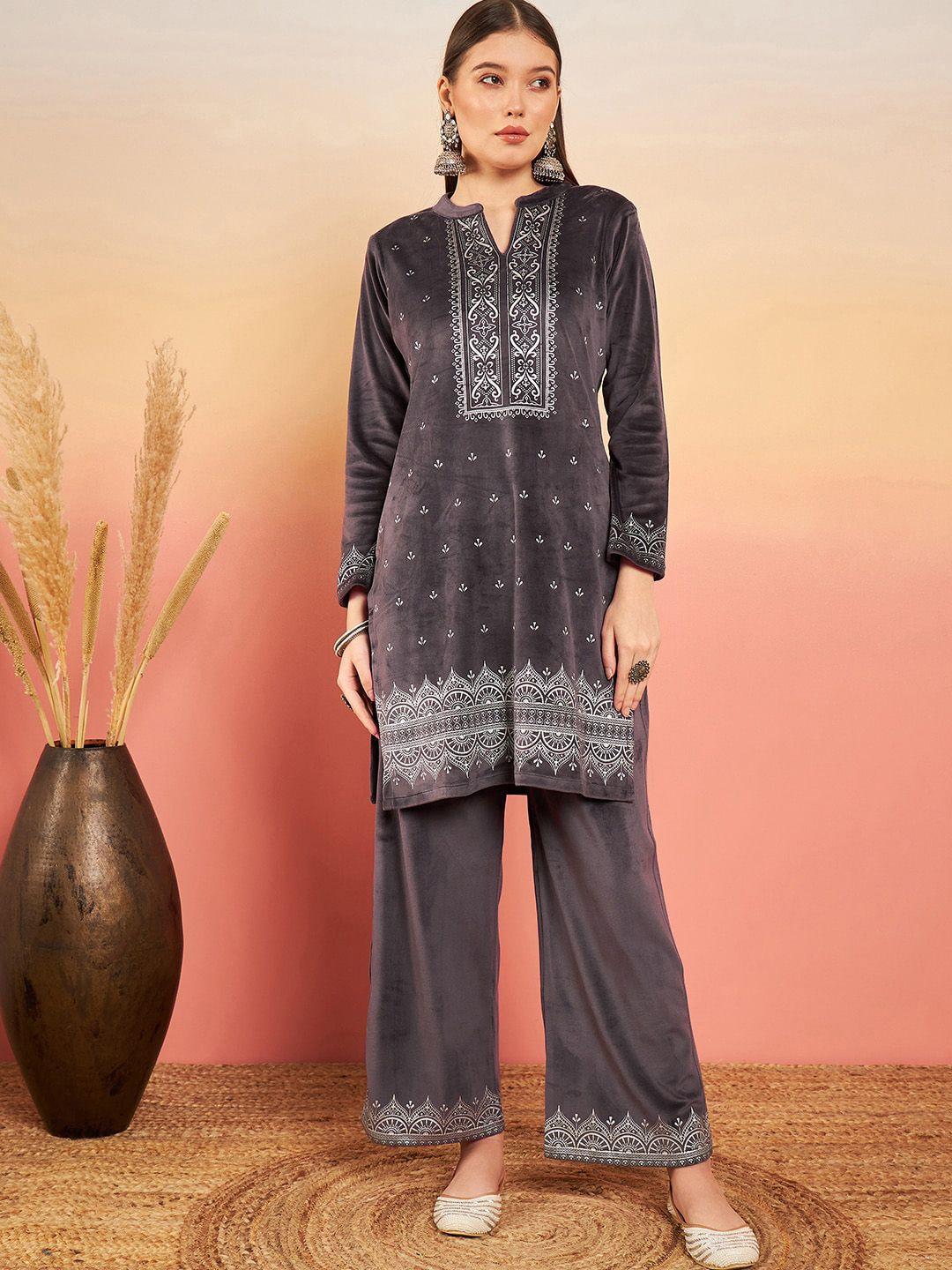 sangria grey yoke design printed velvet straight kurta with trouser