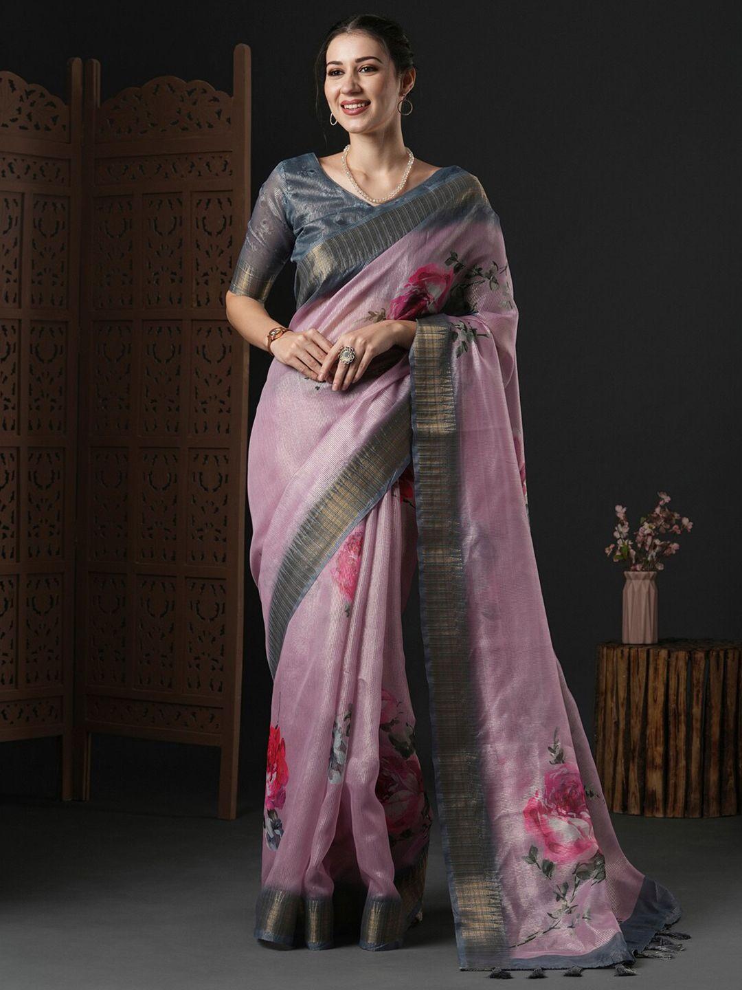 anouk floral printed zari organza sungudi saree