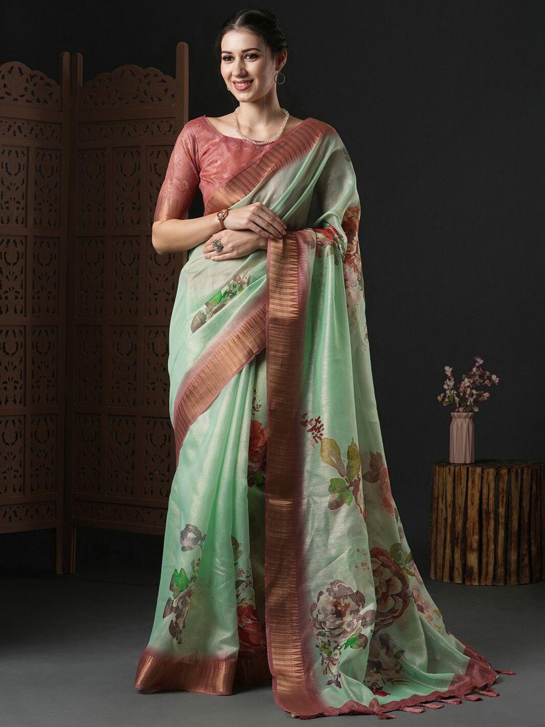 anouk floral printed zari organza sungudi saree